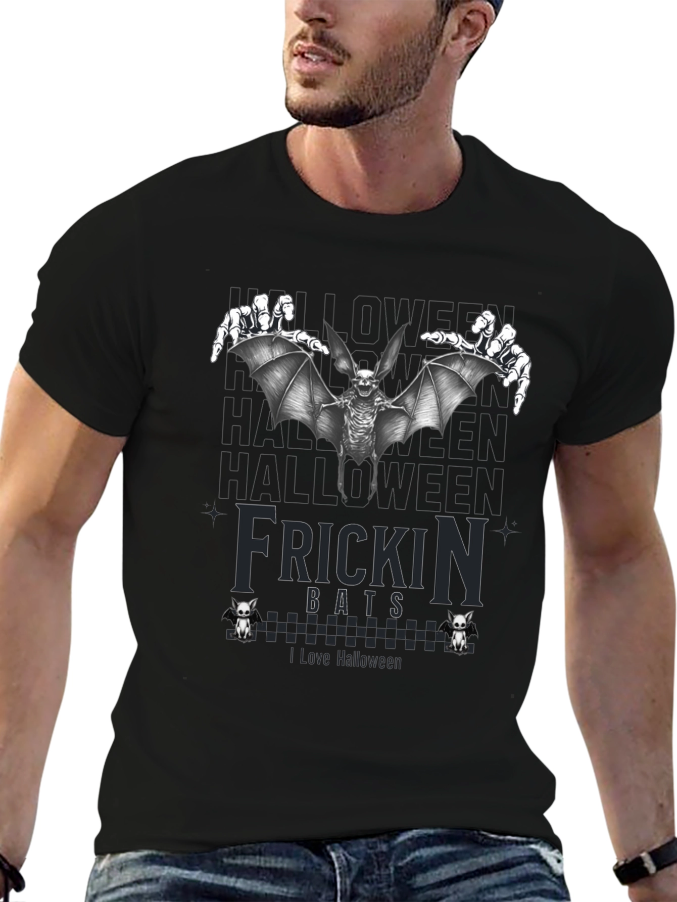 Frickin Bats Halloween T-Shirt - Spooky Skeleton Bat Design