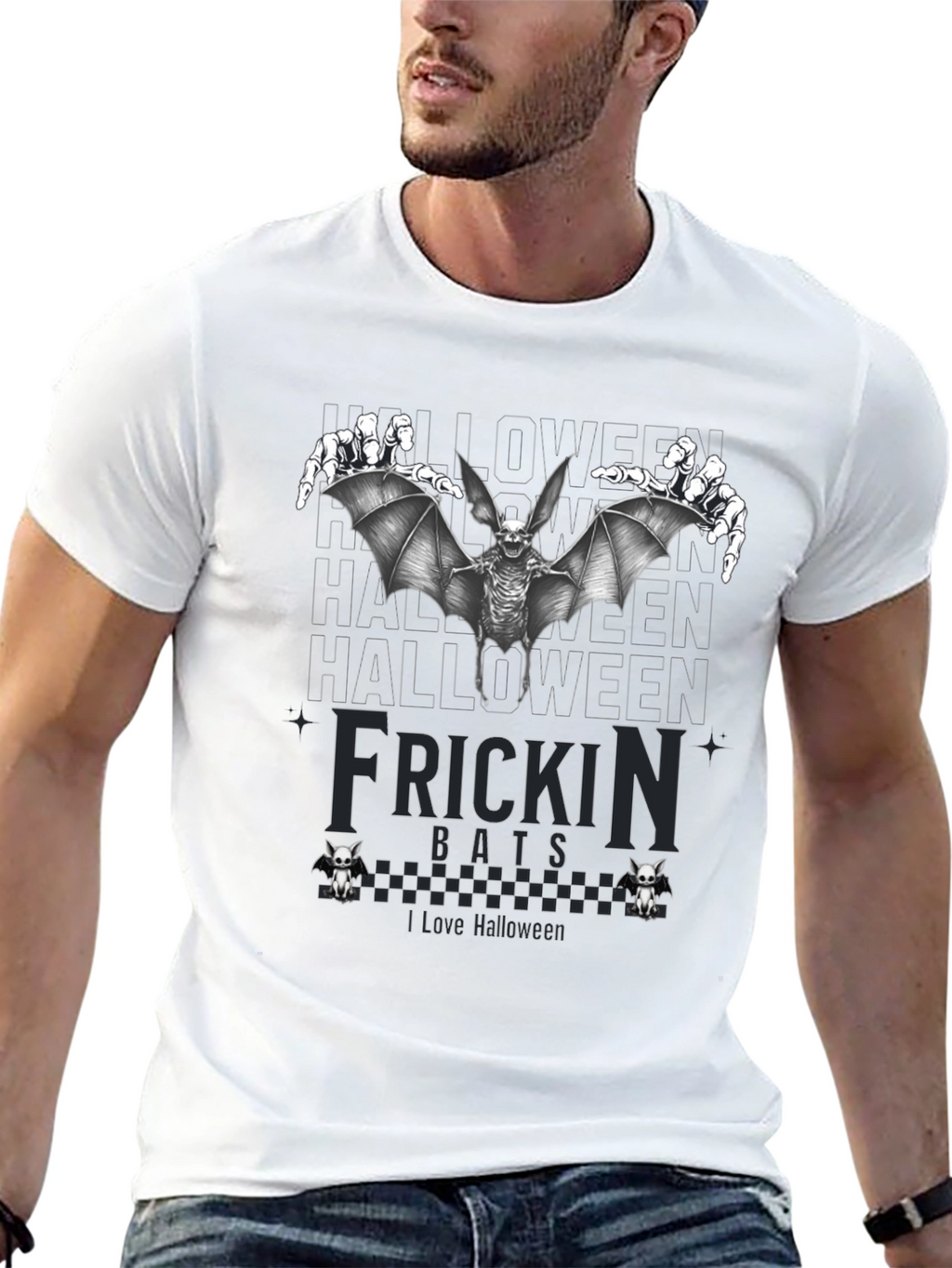 Frickin Bats Halloween T-Shirt - Spooky Skeleton Bat Design