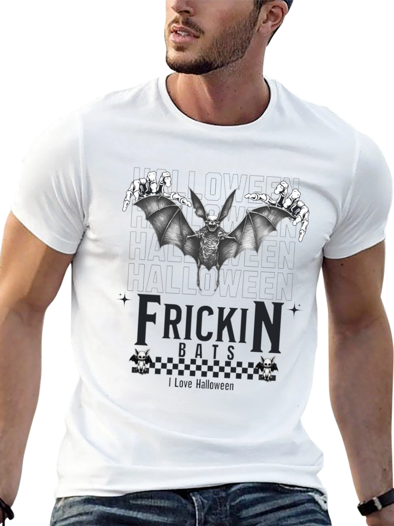 Frickin Bats Halloween T-Shirt - Spooky Skeleton Bat Design