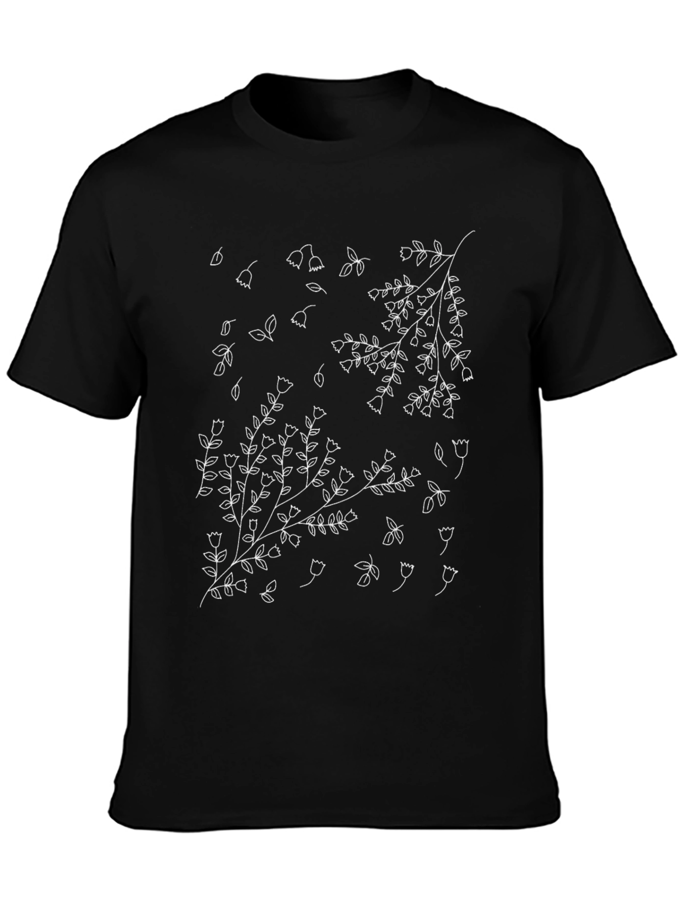 Floral Line Art T-Shirt - Black Botanical Design