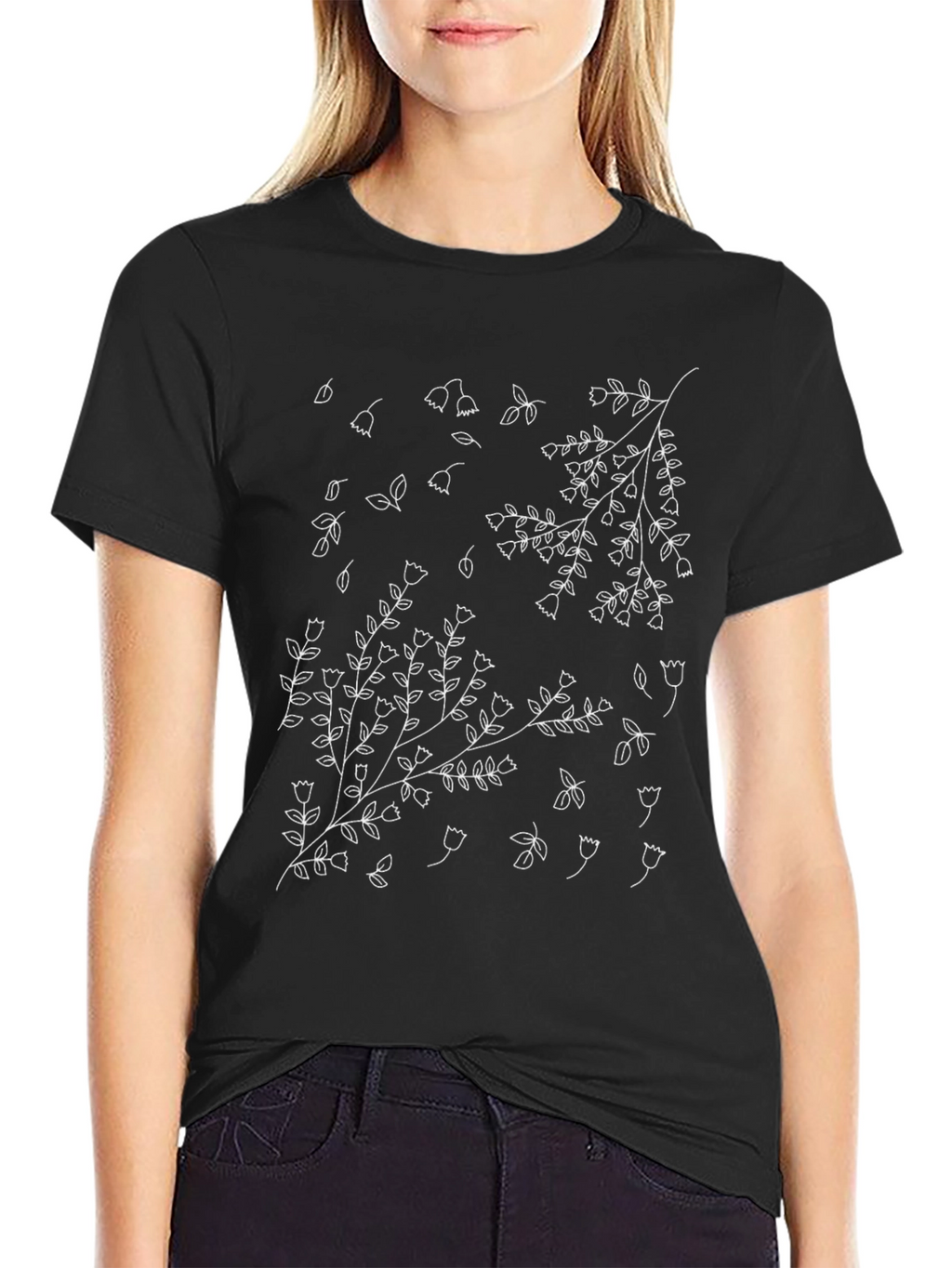 Floral Line Art T-Shirt - Black Botanical Design