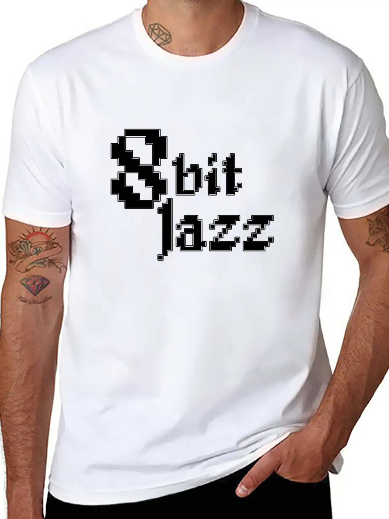 8 Bit Jazz Logo - White Stylish Everyday T-Shirt – Unisex Basic Cotton Tee