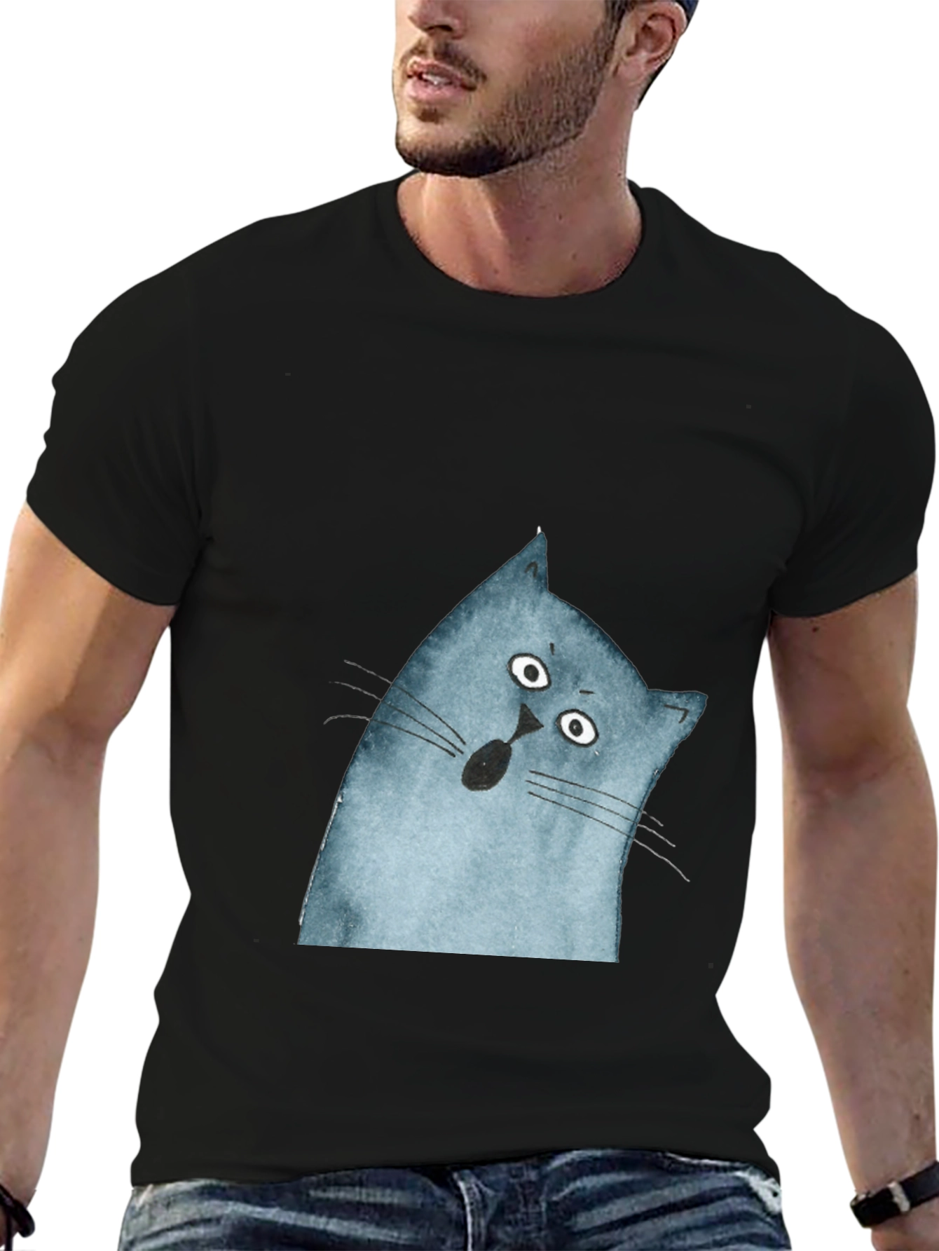 Surprised Cat Graphic Tee - Black Cotton Casual Top