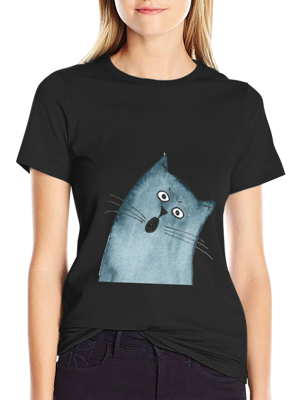 Surprised Cat Graphic Tee - Black Cotton Casual Top