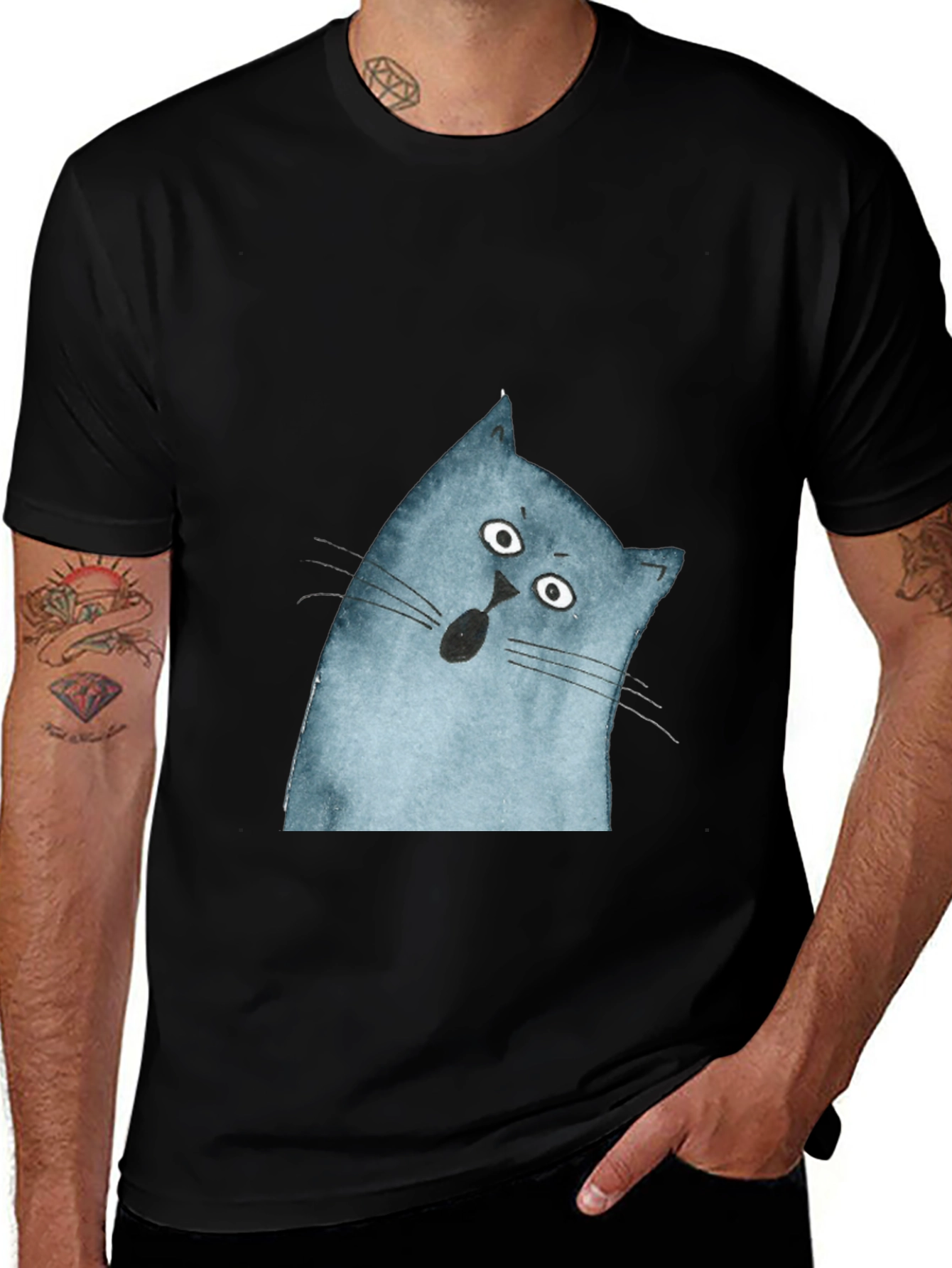 Surprised Cat Graphic Tee - Black Cotton Casual Top
