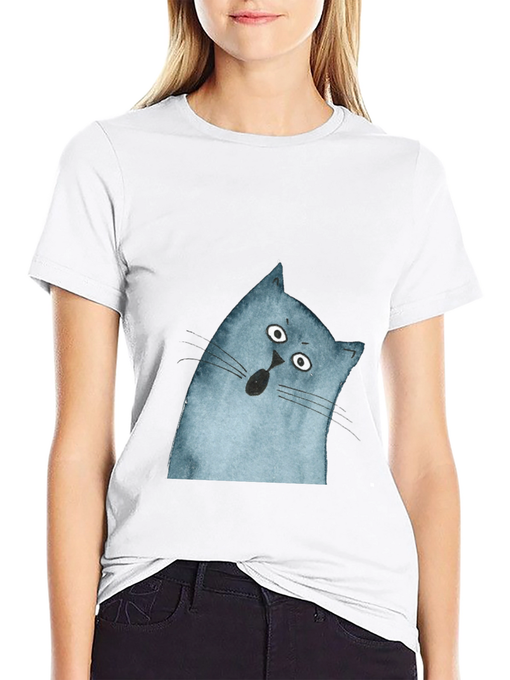 Surprised Cat Graphic Tee - Black Cotton Casual Top