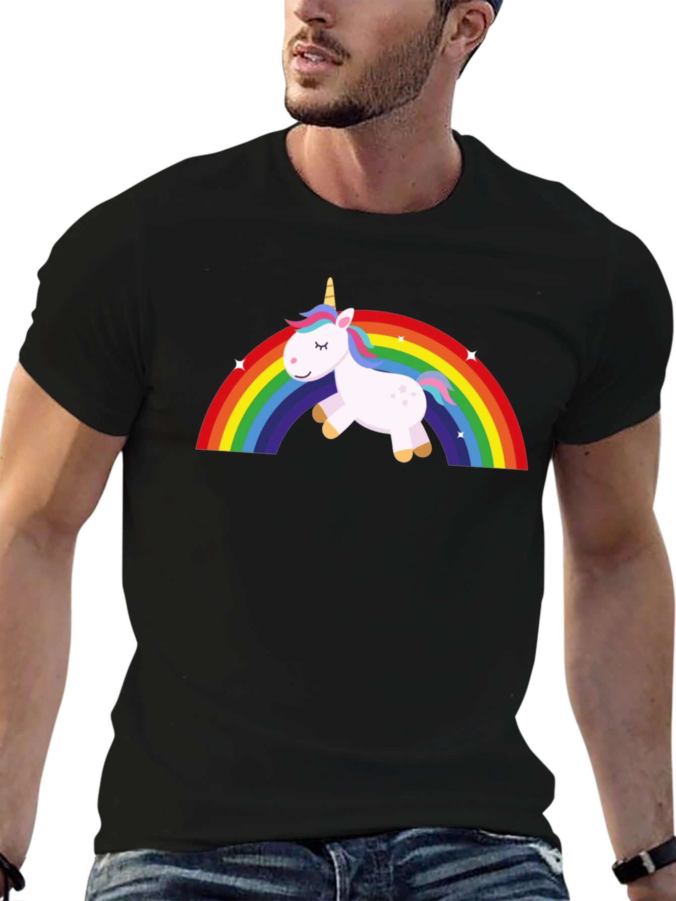 Unicorn Rainbow Graphic Tee - Black Cotton T-Shirt