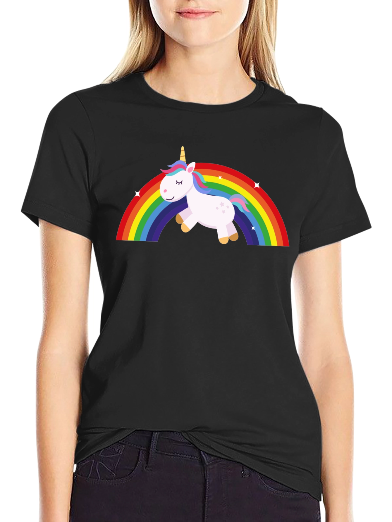 Unicorn Rainbow Graphic Tee - Black Cotton T-Shirt