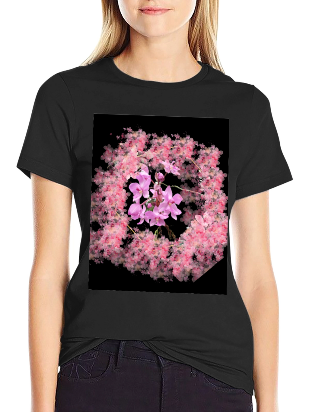 Floral Orchid Black T-Shirt