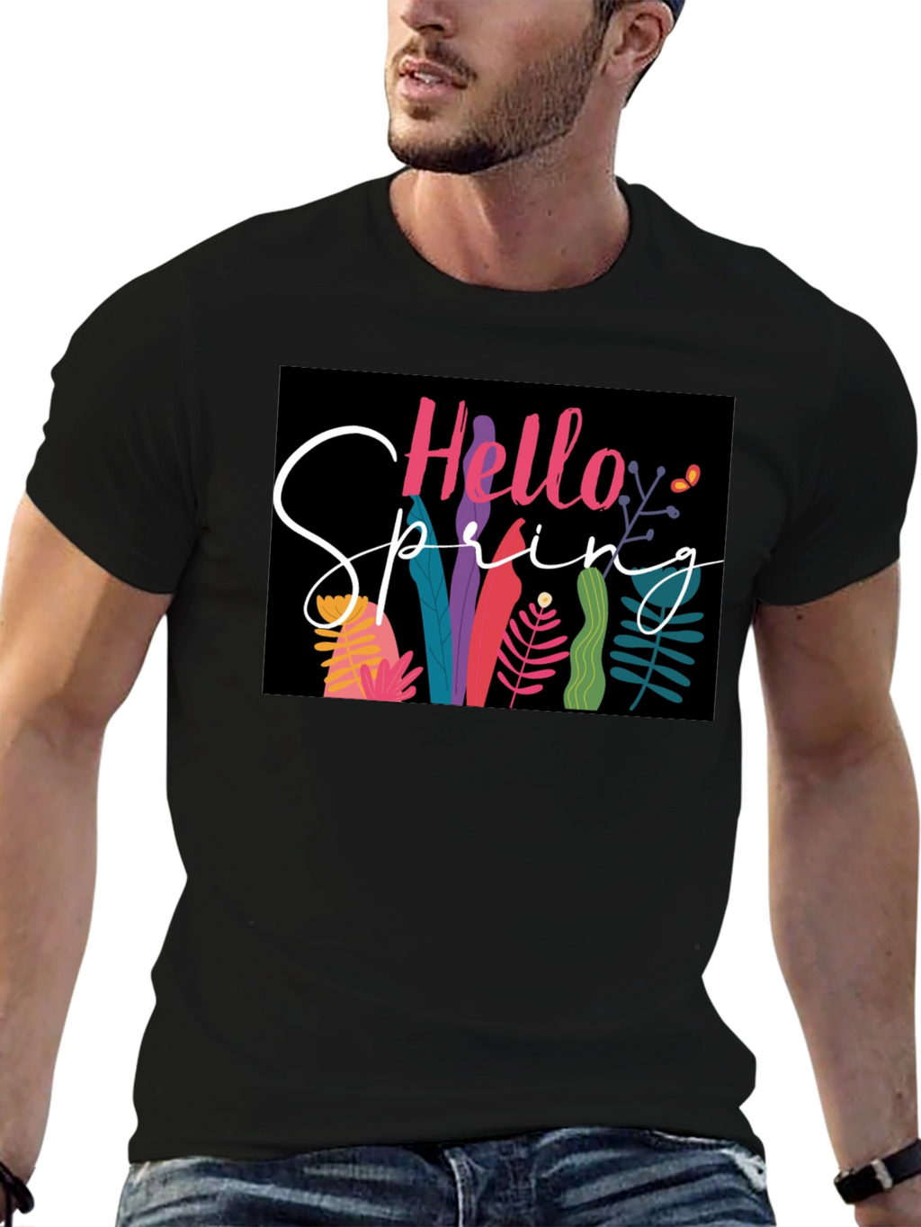 Hello Spring Graphic Tee - Black Cotton Casual
