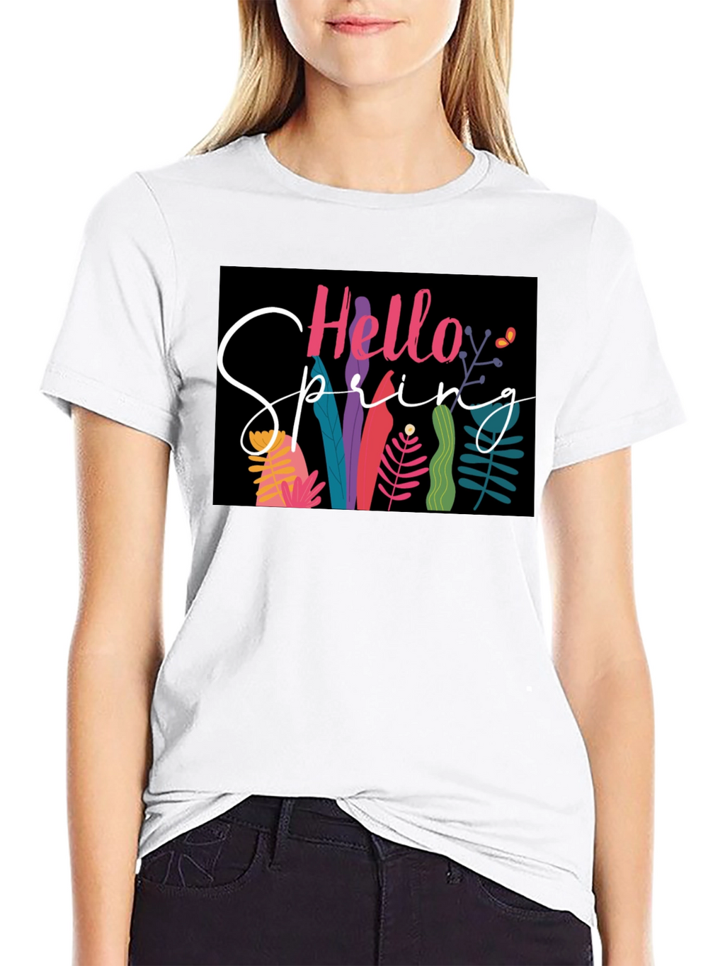 Hello Spring Graphic Tee - Black Cotton Casual