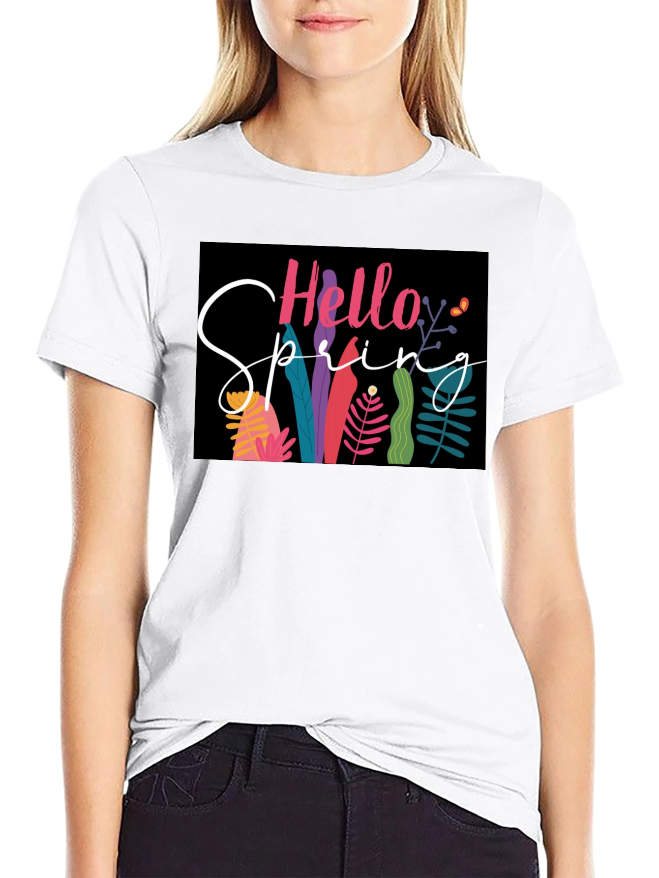 Hello Spring Graphic Tee - Black Cotton Casual