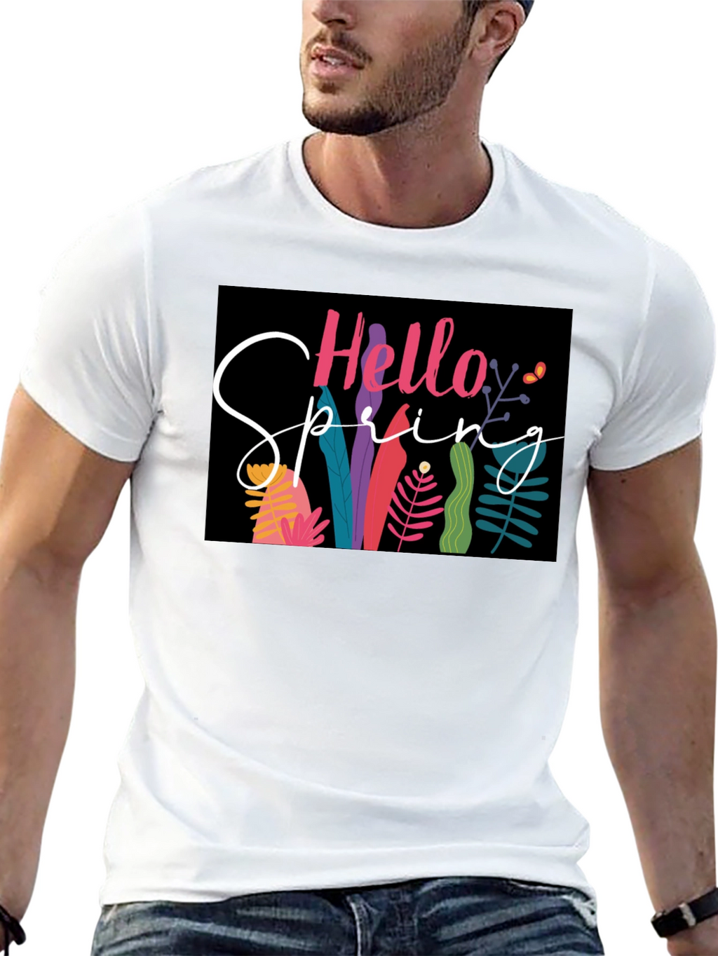 Hello Spring Graphic Tee - Black Cotton Casual