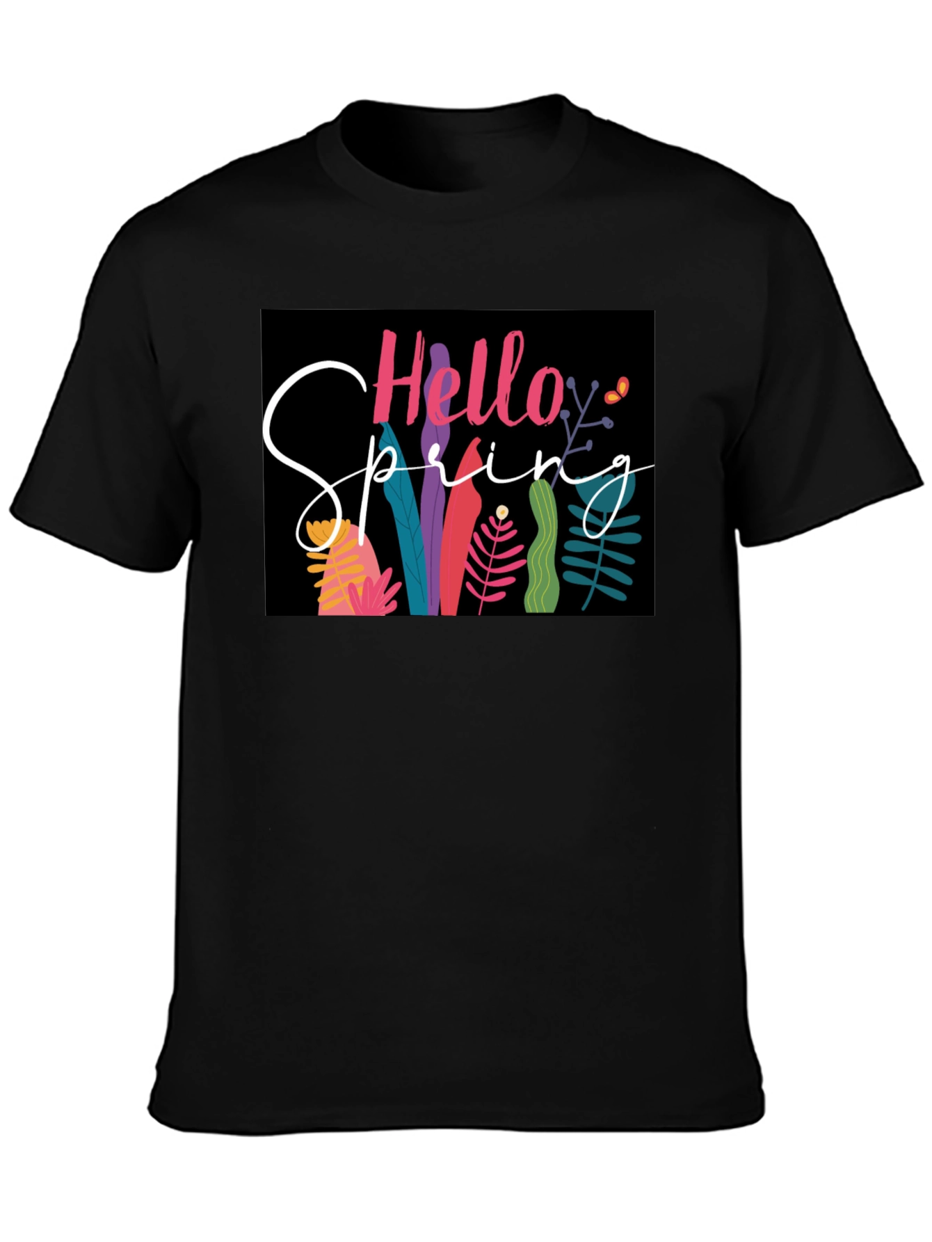Hello Spring Graphic Tee - Black Cotton Casual
