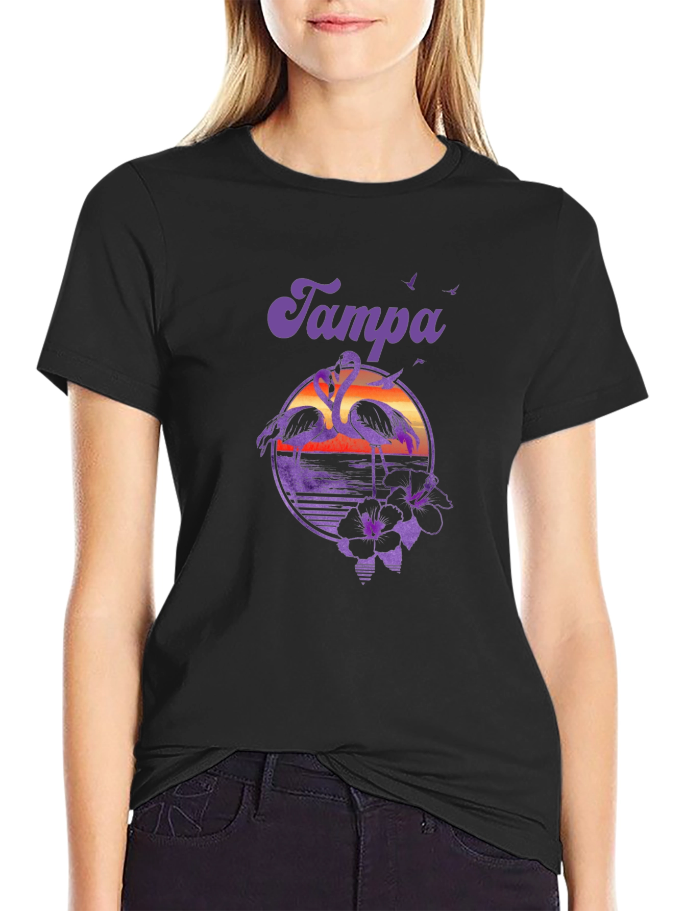 Tampa Flamingo Sunset Graphic Tee - Black