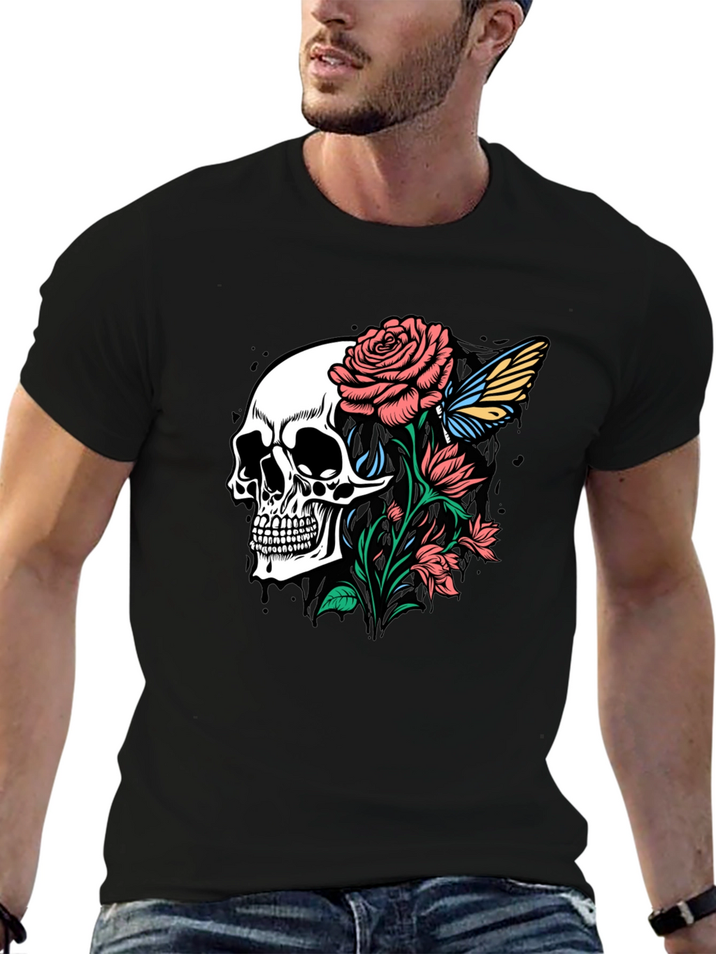 Skull and Roses Graphic Print Black T-Shirt