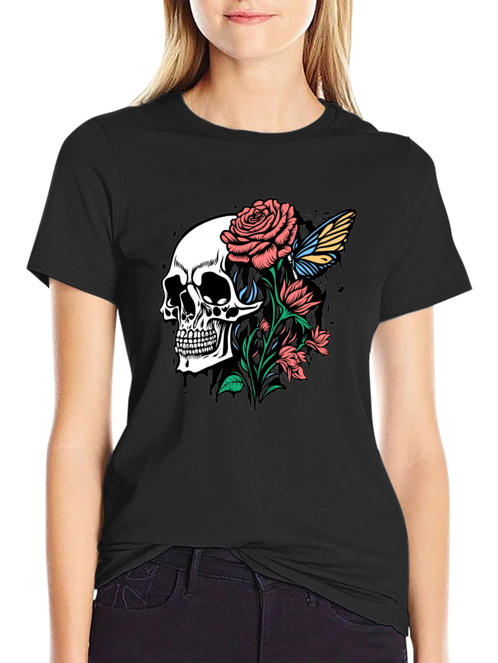 Skull and Roses Graphic Print Black T-Shirt