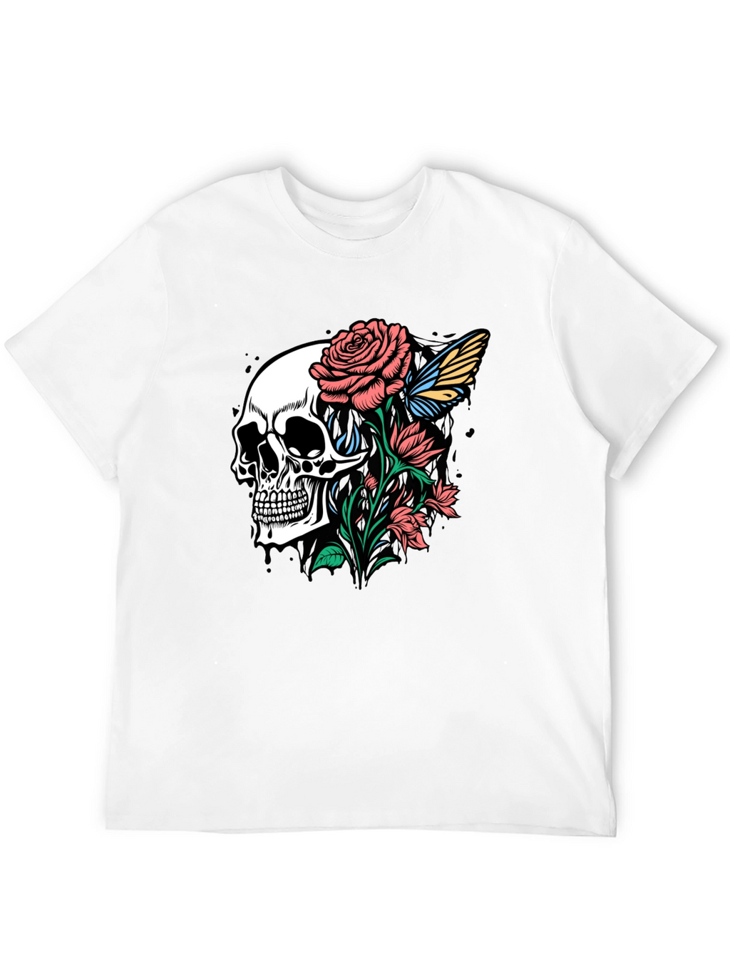 Skull and Roses Graphic Print Black T-Shirt