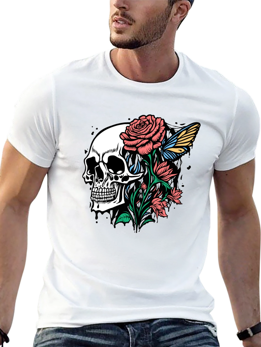 Skull and Roses Graphic Print Black T-Shirt