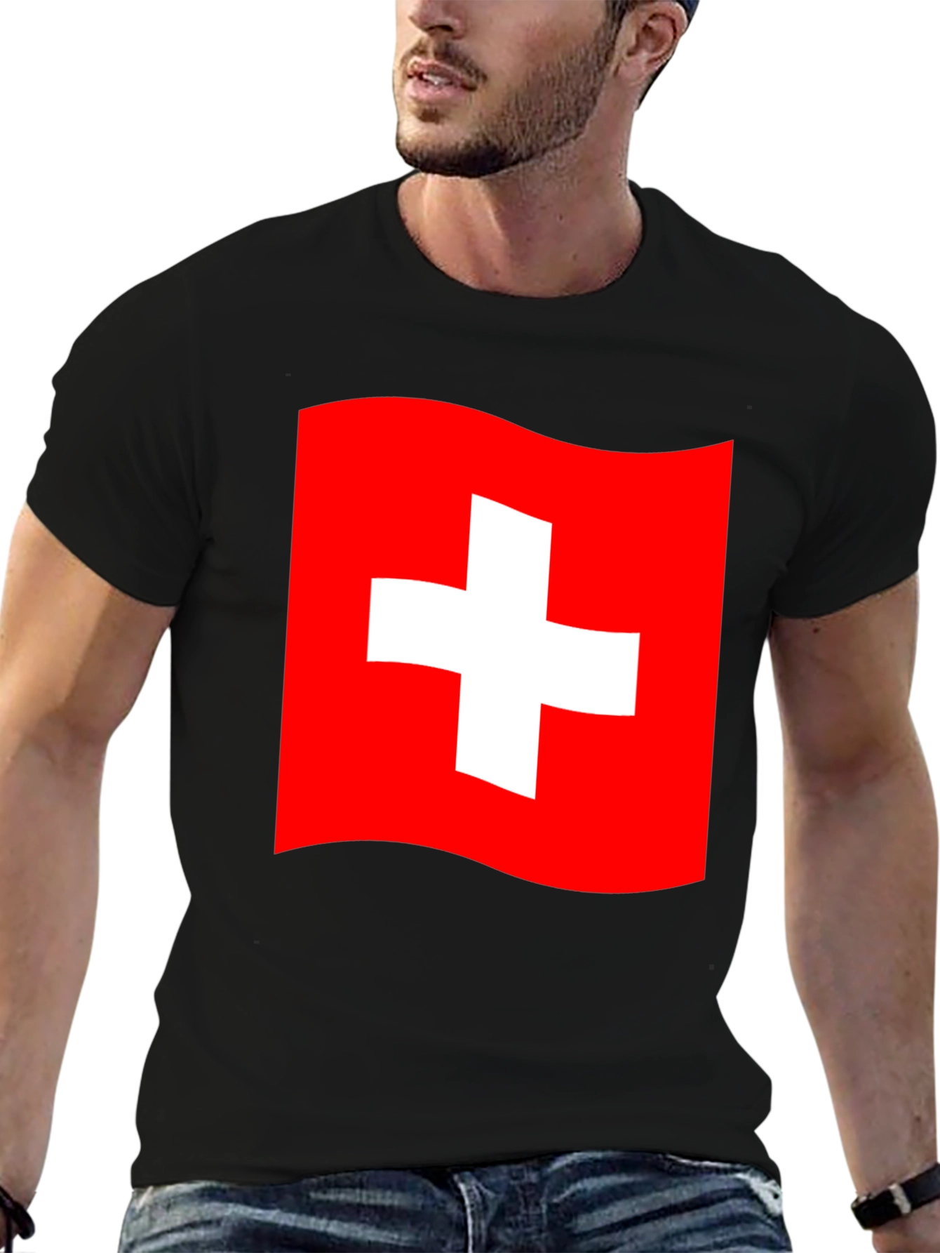 Swiss Flag T-Shirt - Black Cotton Tee