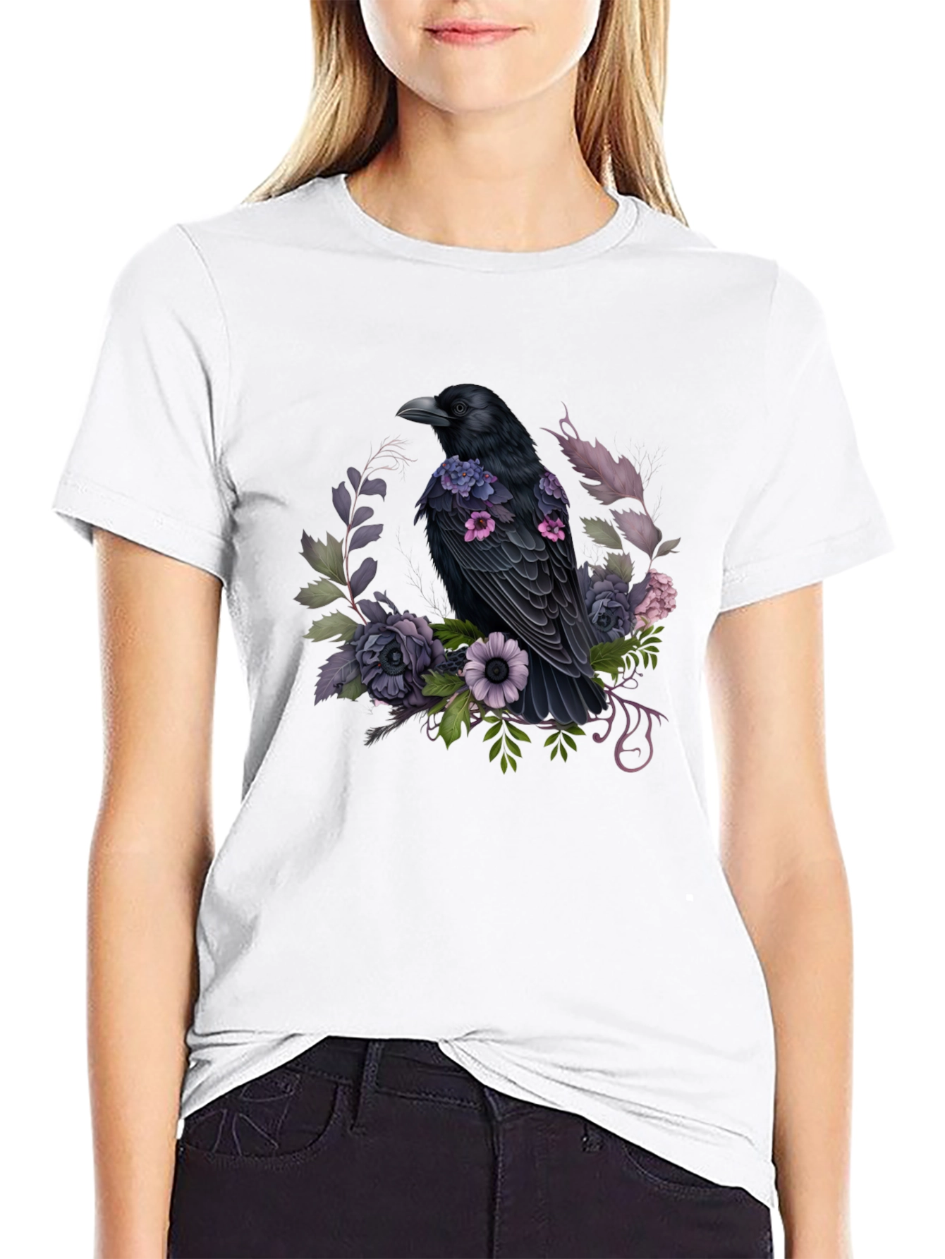 Raven & Floral Graphic Tee - Black Cotton