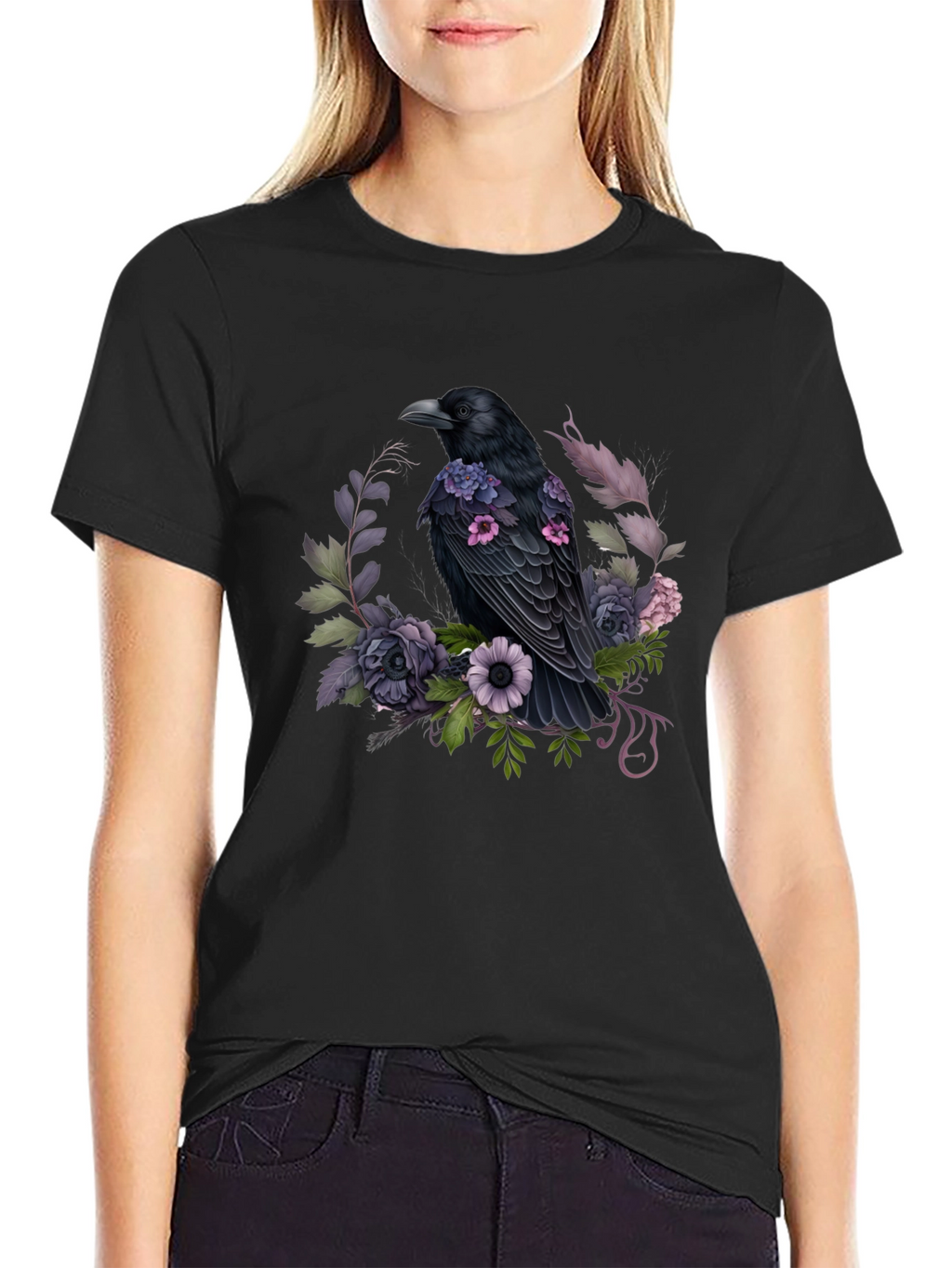 Raven & Floral Graphic Tee - Black Cotton