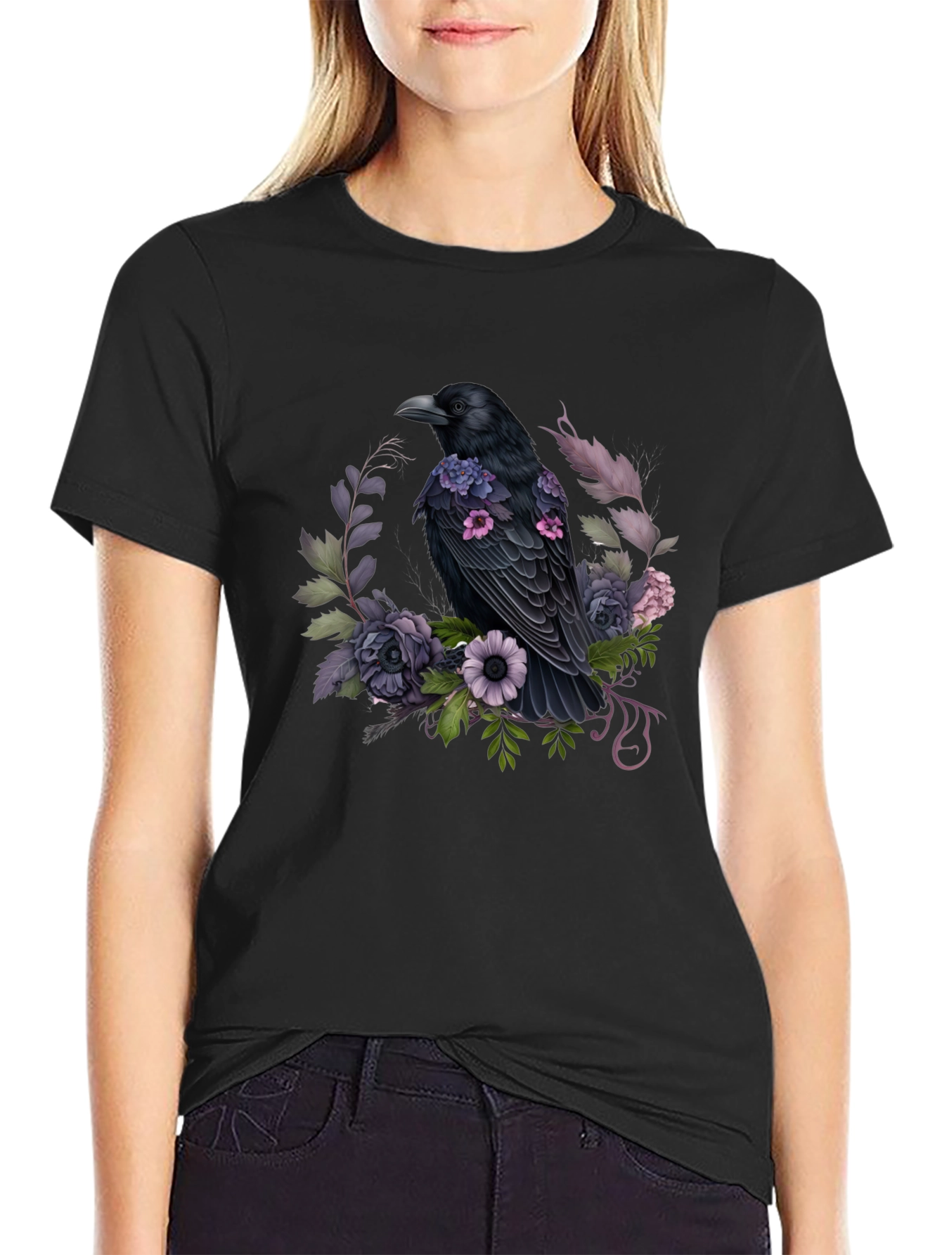 Raven & Floral Graphic Tee - Black Cotton
