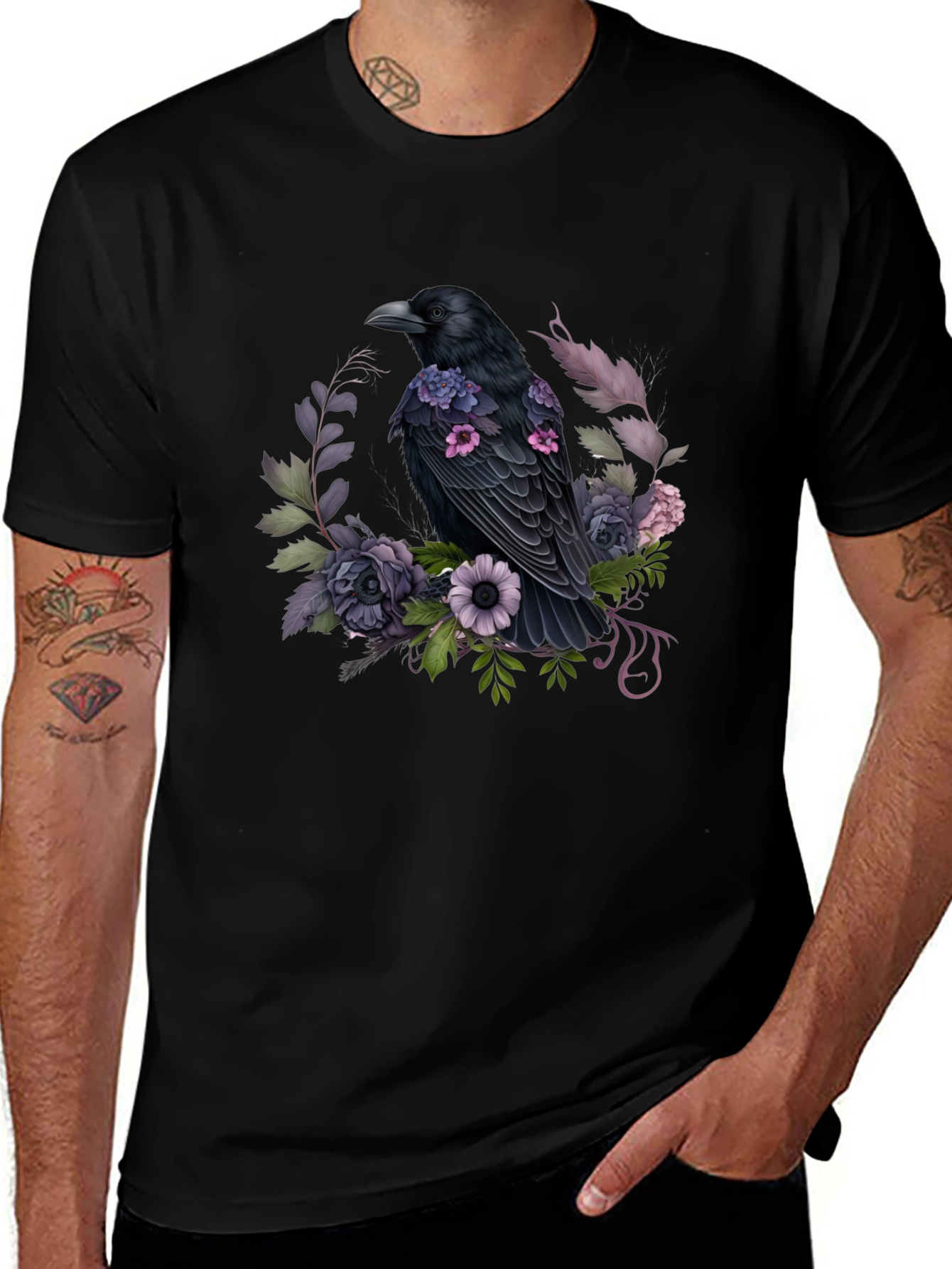Raven & Floral Graphic Tee - Black Cotton