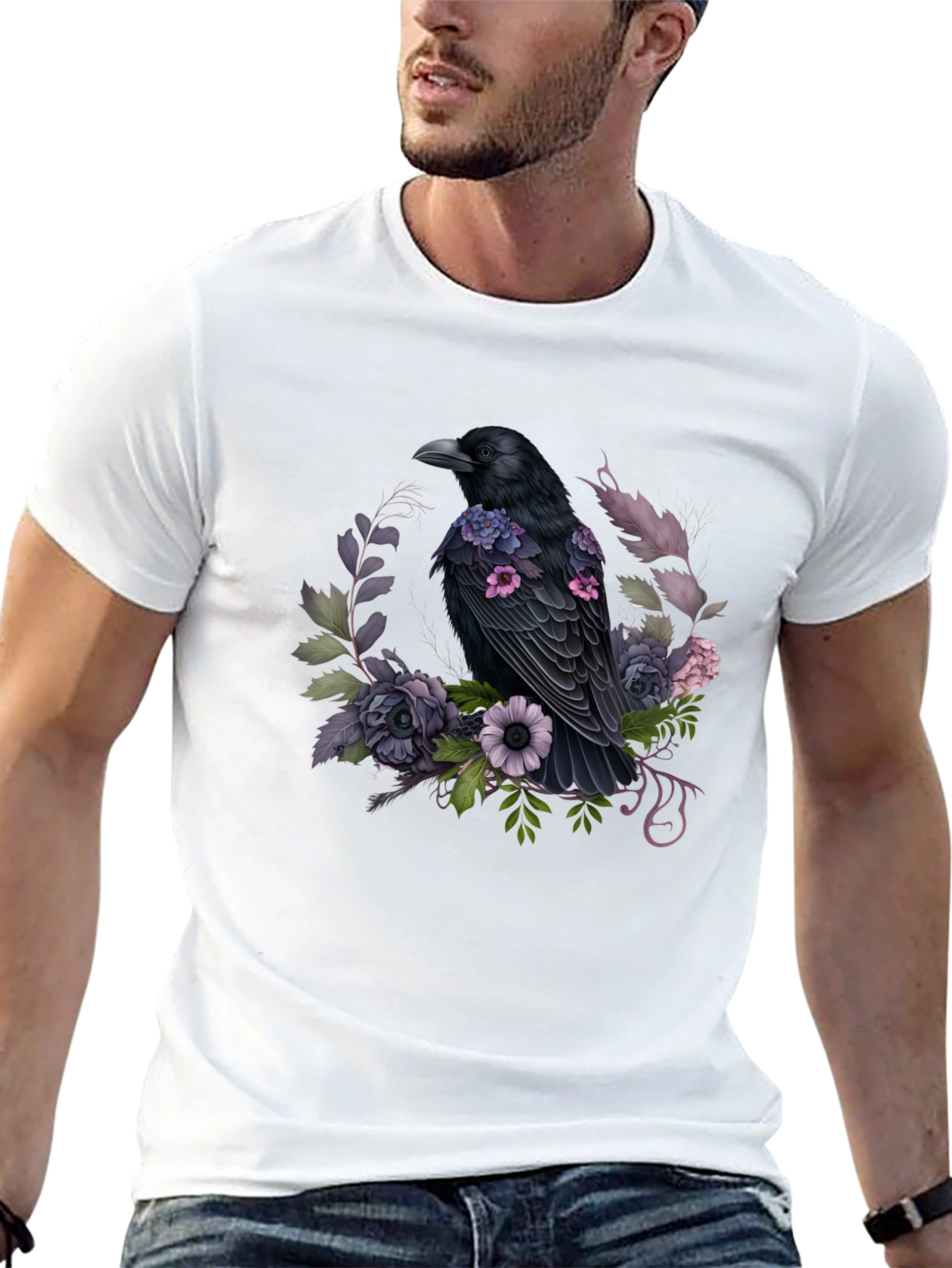 Raven & Floral Graphic Tee - Black Cotton