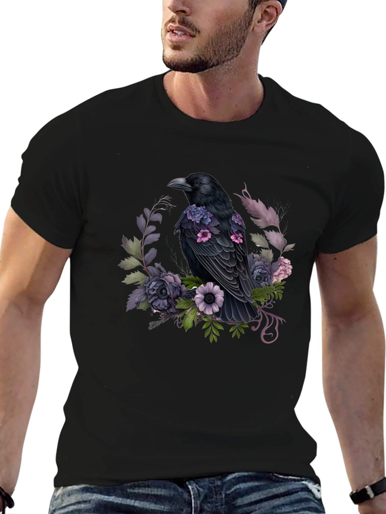 Raven & Floral Graphic Tee - Black Cotton