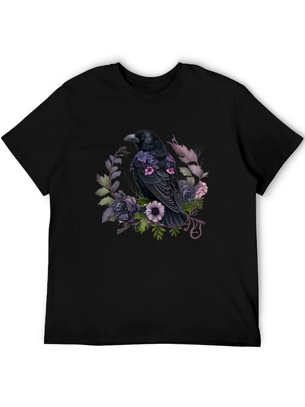Raven & Floral Graphic Tee - Black Cotton