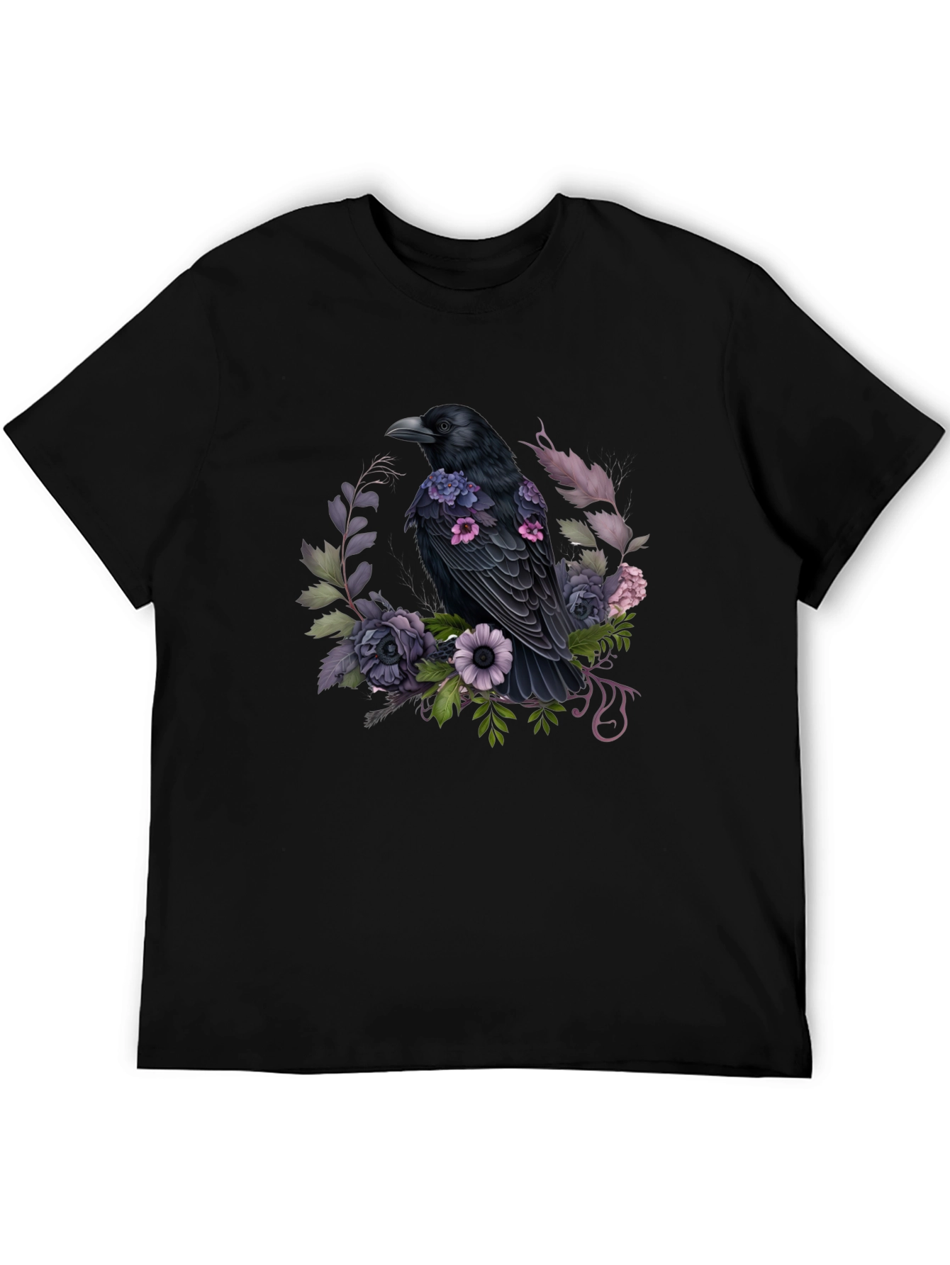 Raven & Floral Graphic Tee - Black Cotton