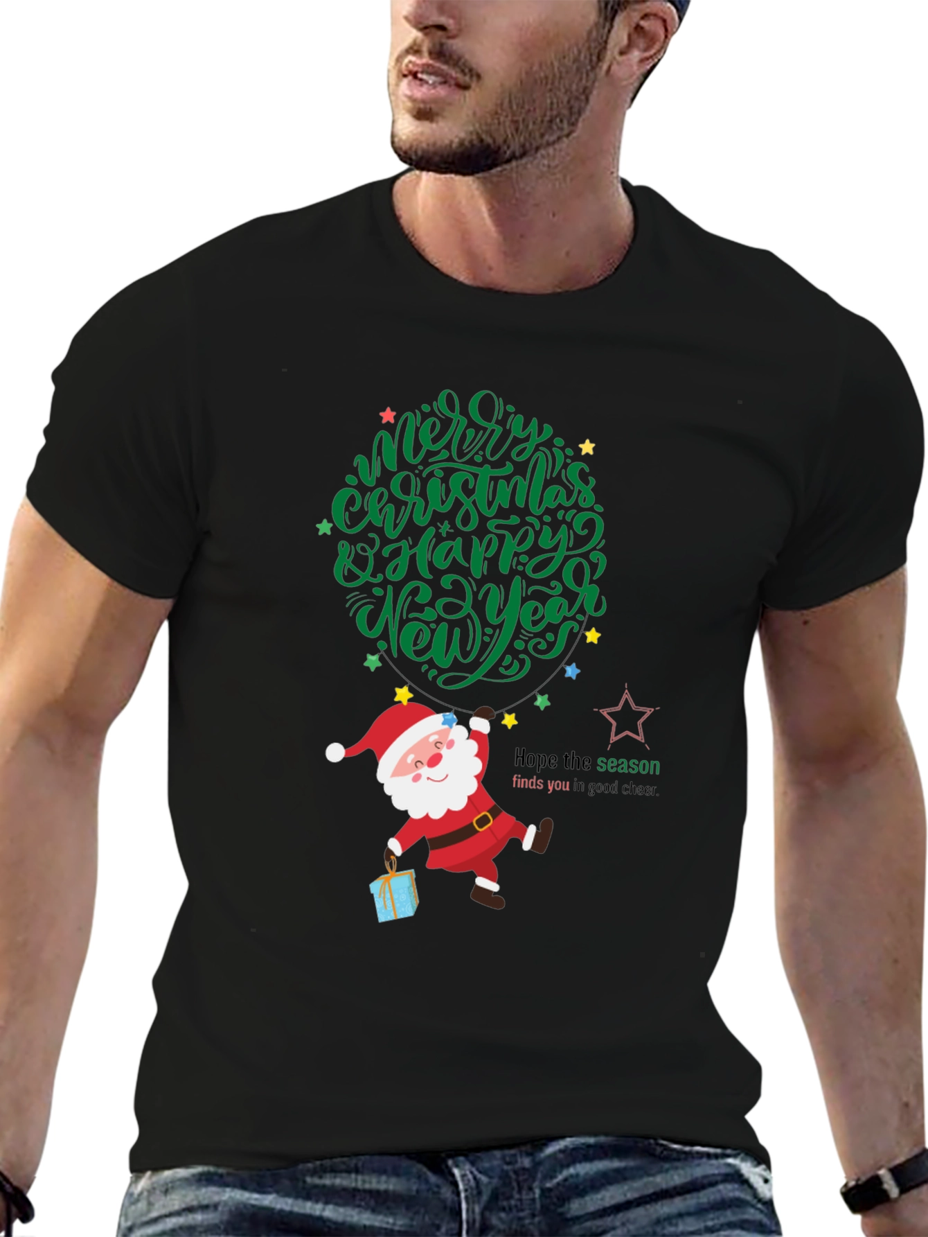Festive Santa Graphic Tee - Merry Christmas & Happy New Year