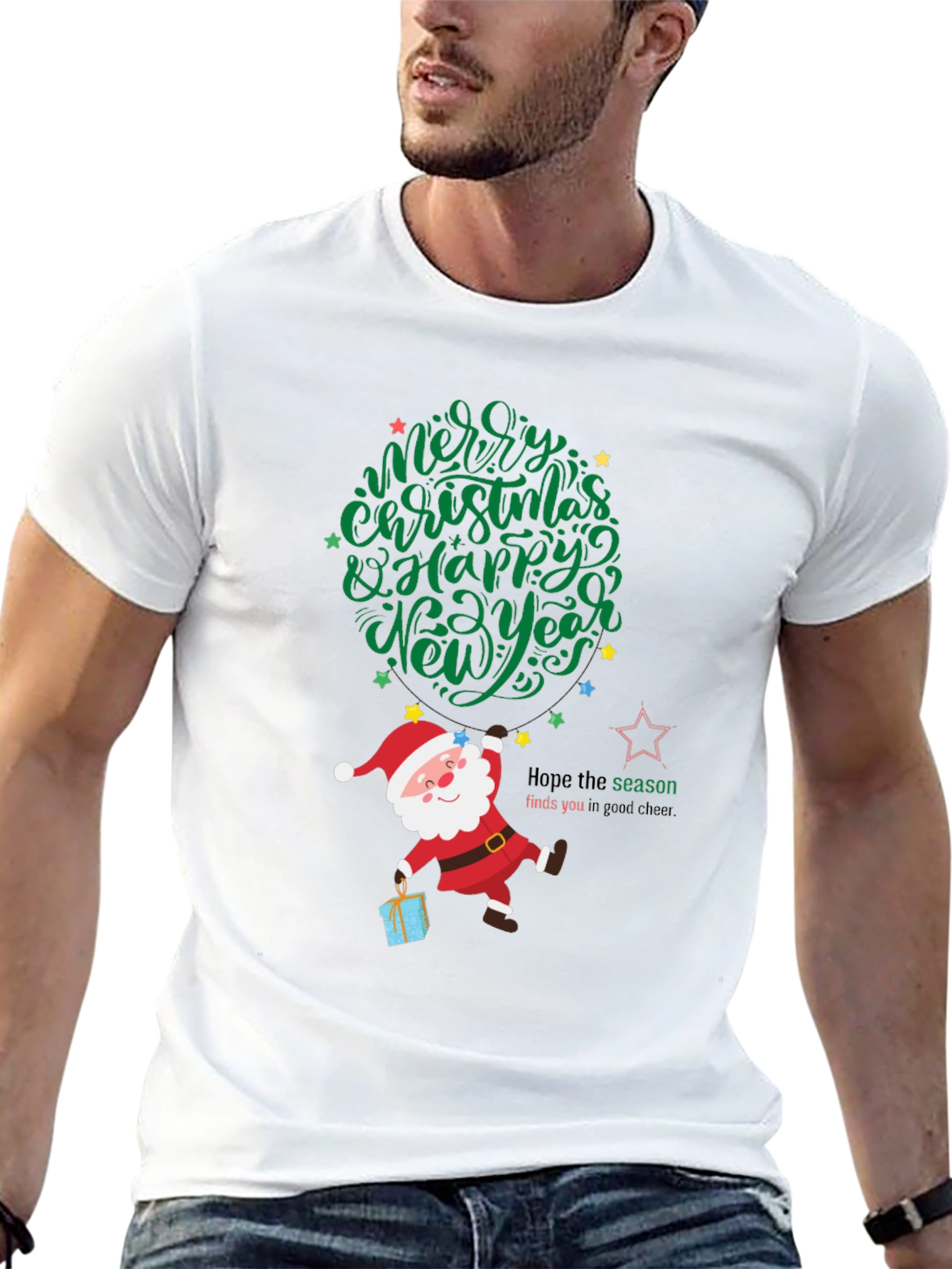 Festive Santa Graphic Tee - Merry Christmas & Happy New Year