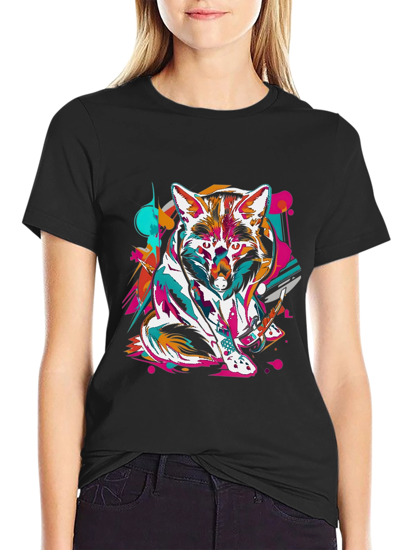Abstract Fox Graphic Black T-Shirt