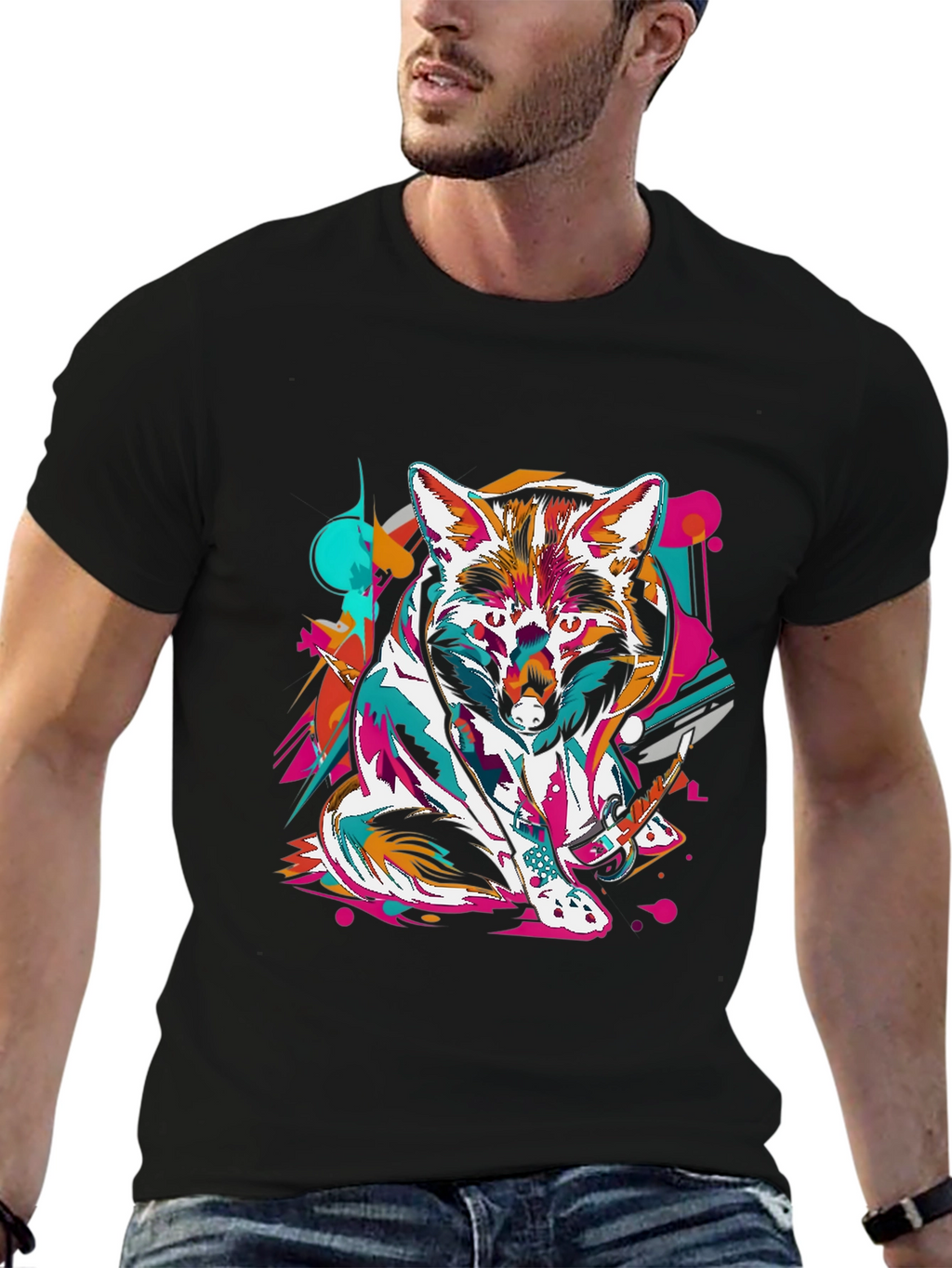 Abstract Fox Graphic Black T-Shirt