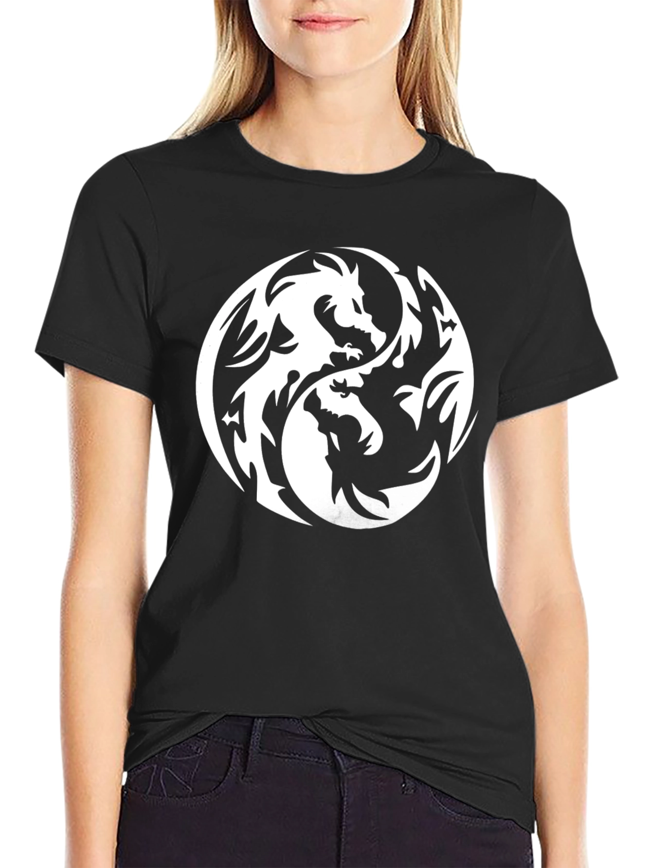Yin Yang Dragon Graphic Black T-Shirt