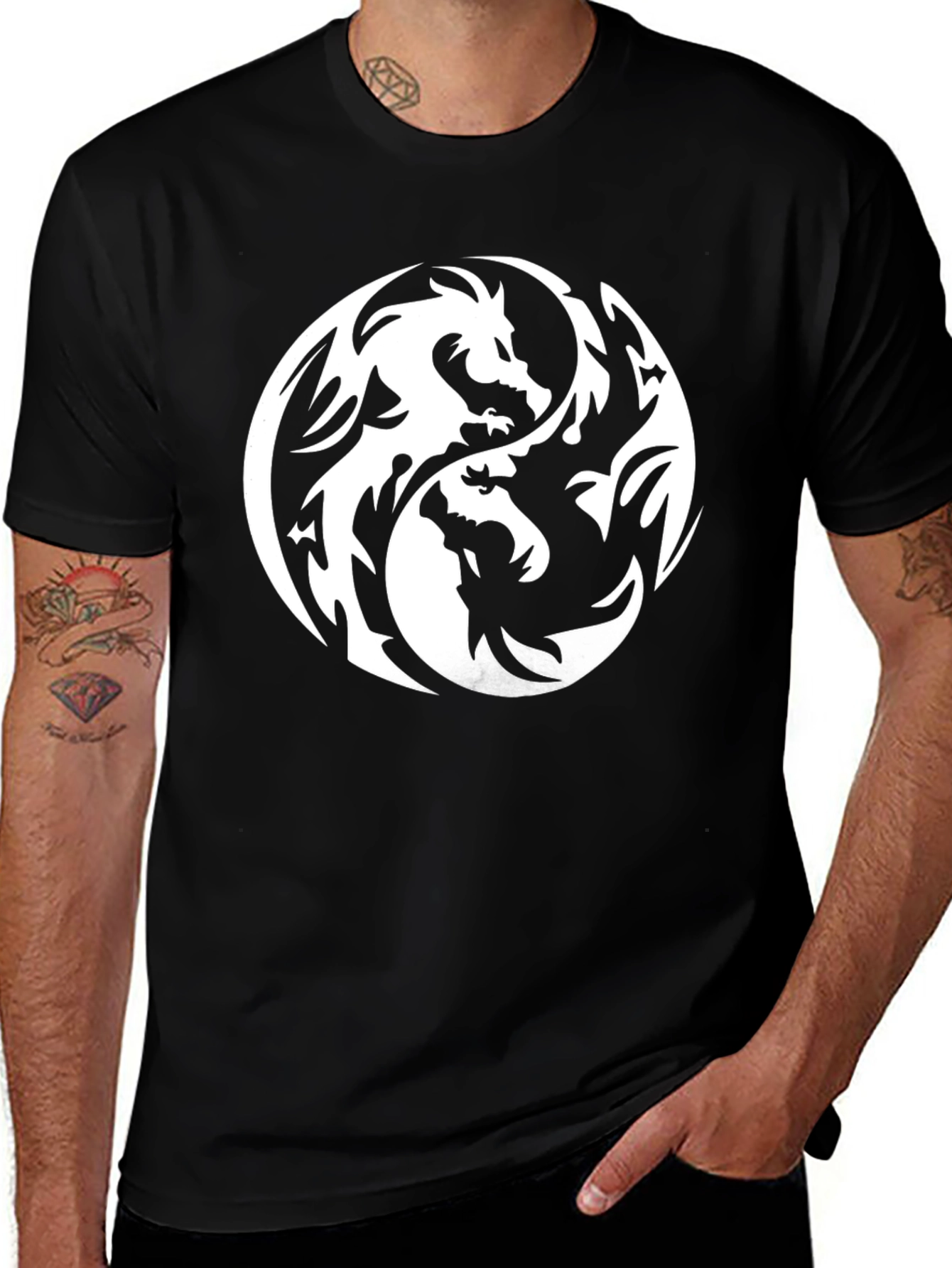 Yin Yang Dragon Graphic Black T-Shirt