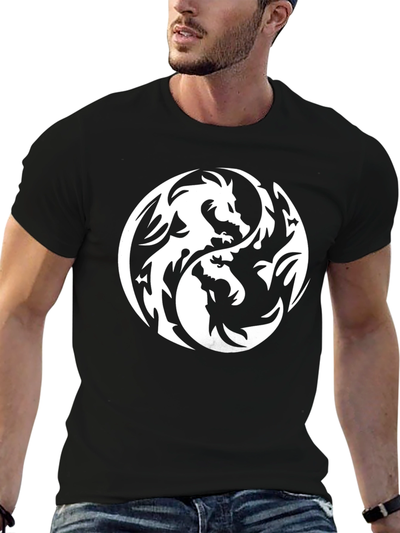 Yin Yang Dragon Graphic Black T-Shirt