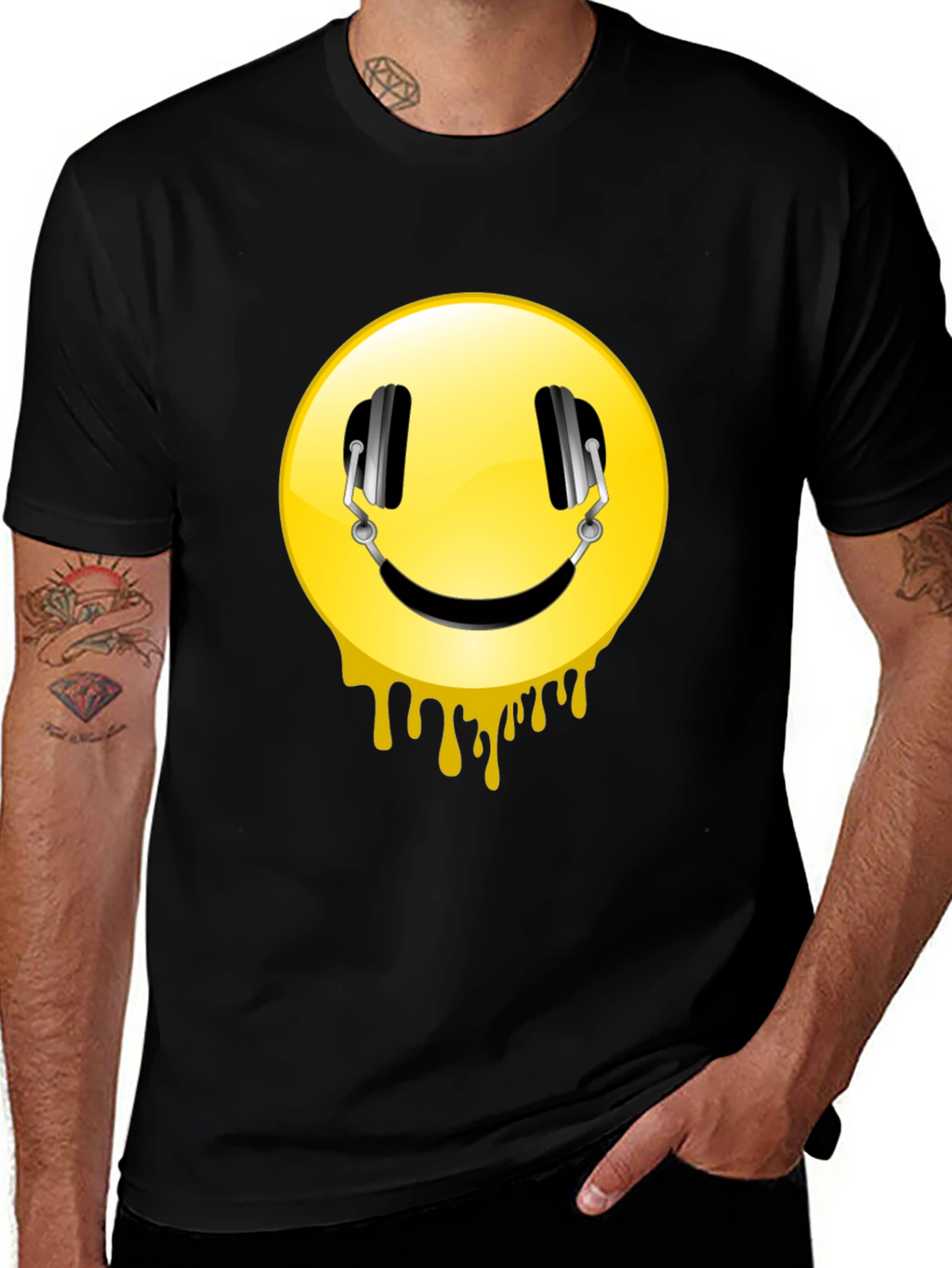 Smiley Face Headphones Graphic Black T-Shirt