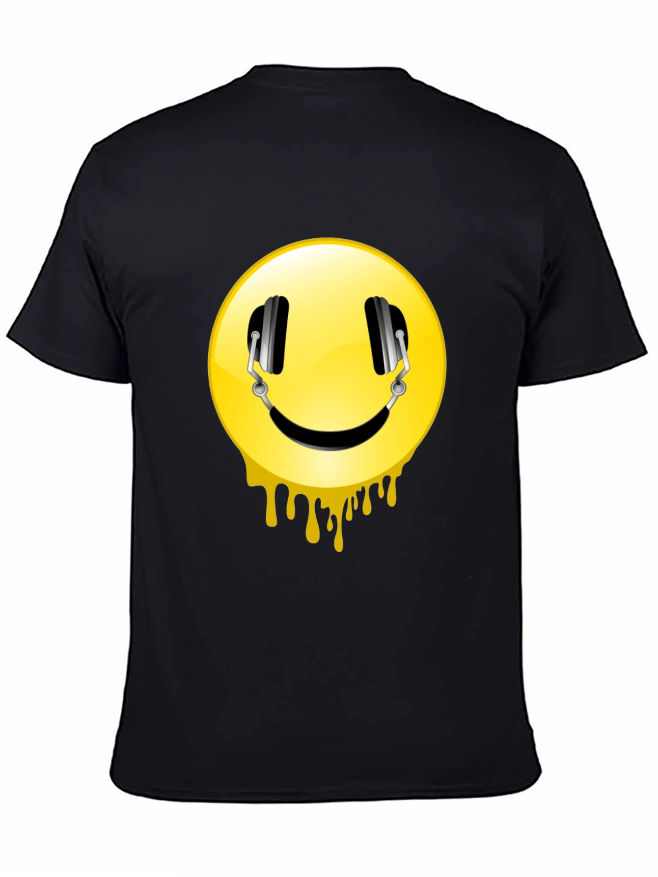 Smiley Face Headphones Graphic Black T-Shirt