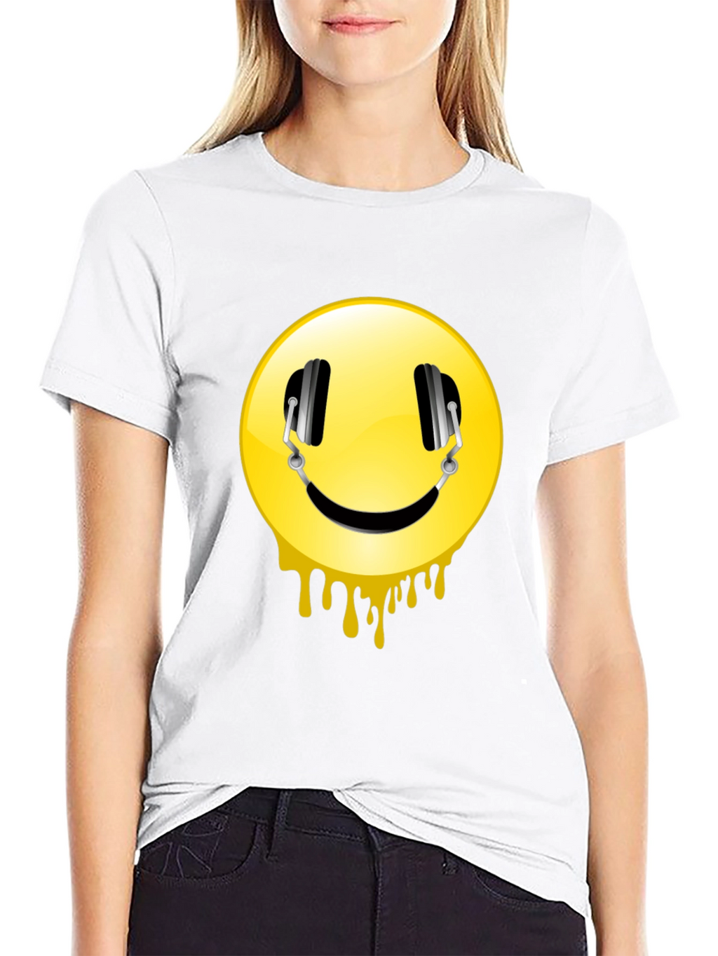 Smiley Face Headphones Graphic Black T-Shirt