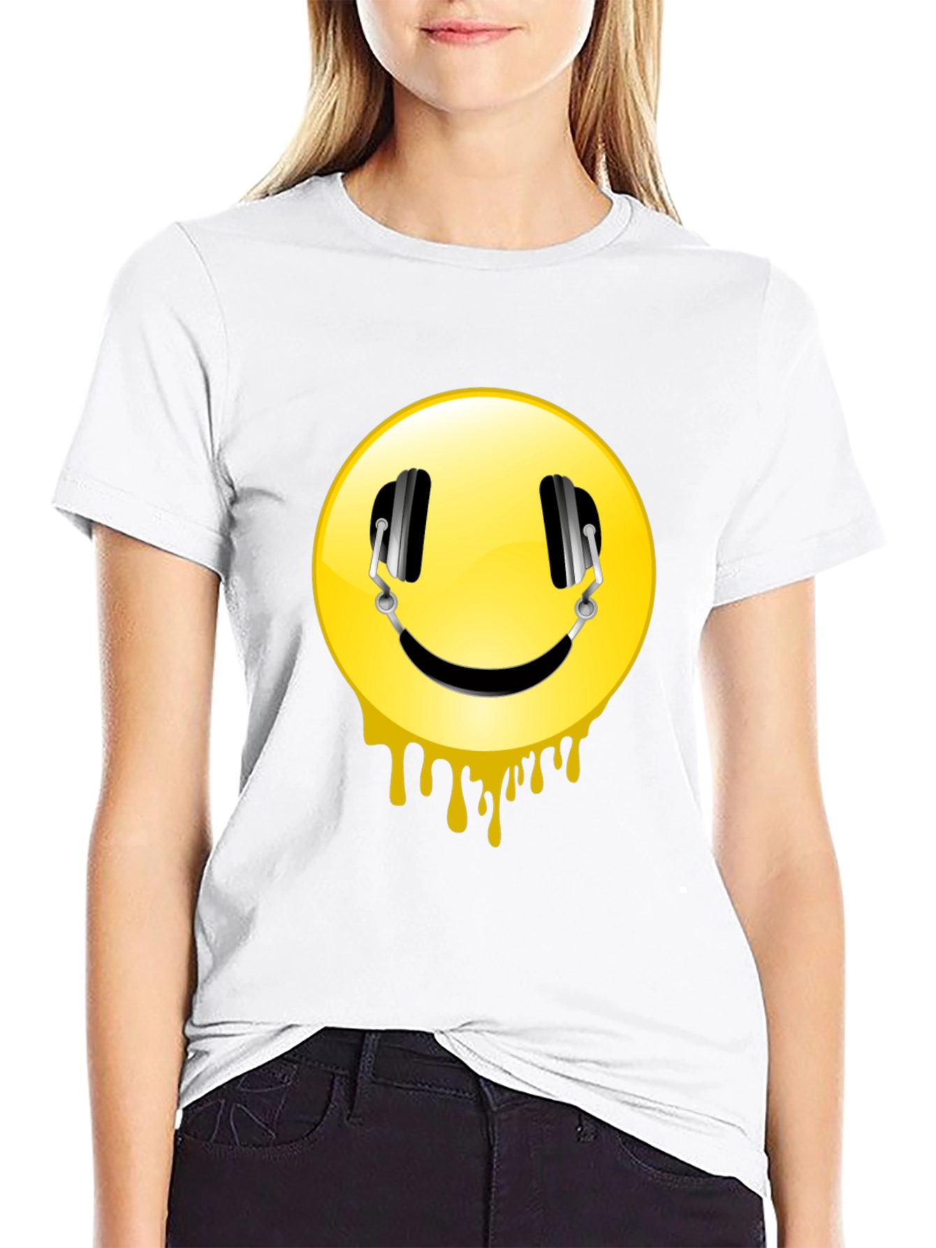 Smiley Face Headphones Graphic Black T-Shirt