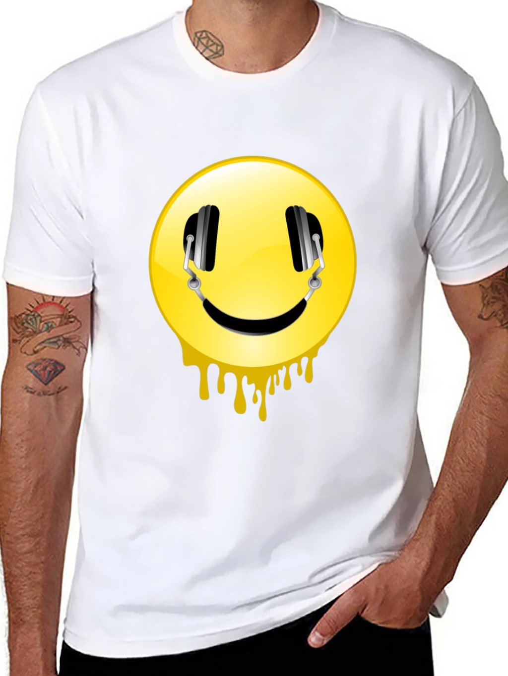 Smiley Face Headphones Graphic Black T-Shirt
