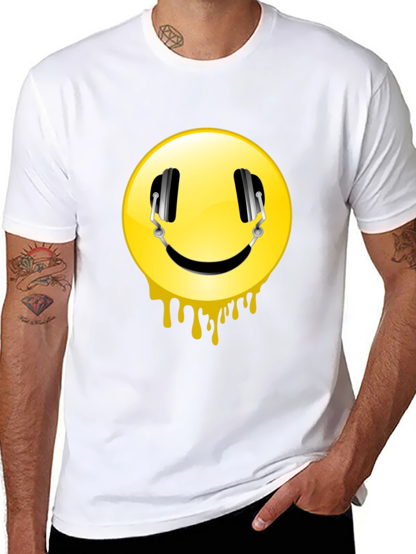 Smiley Face Headphones Graphic Black T-Shirt