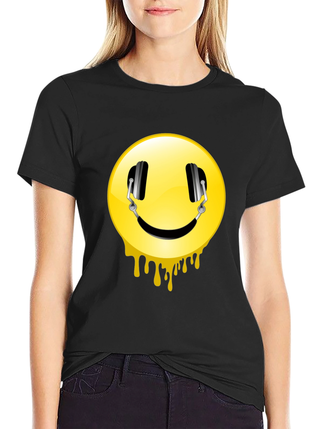 Smiley Face Headphones Graphic Black T-Shirt