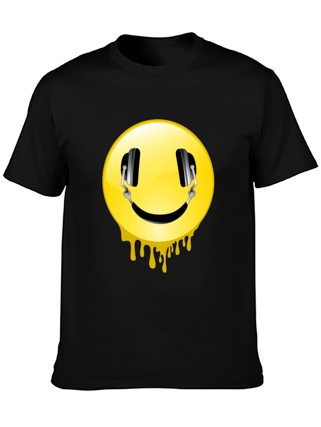 Smiley Face Headphones Graphic Black T-Shirt