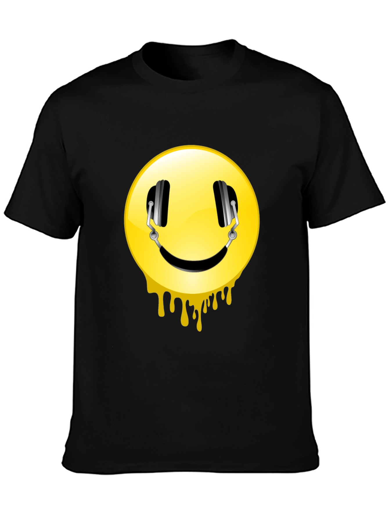Smiley Face Headphones Graphic Black T-Shirt