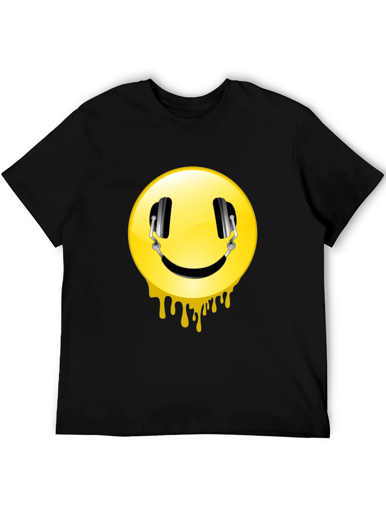 Smiley Face Headphones Graphic Black T-Shirt