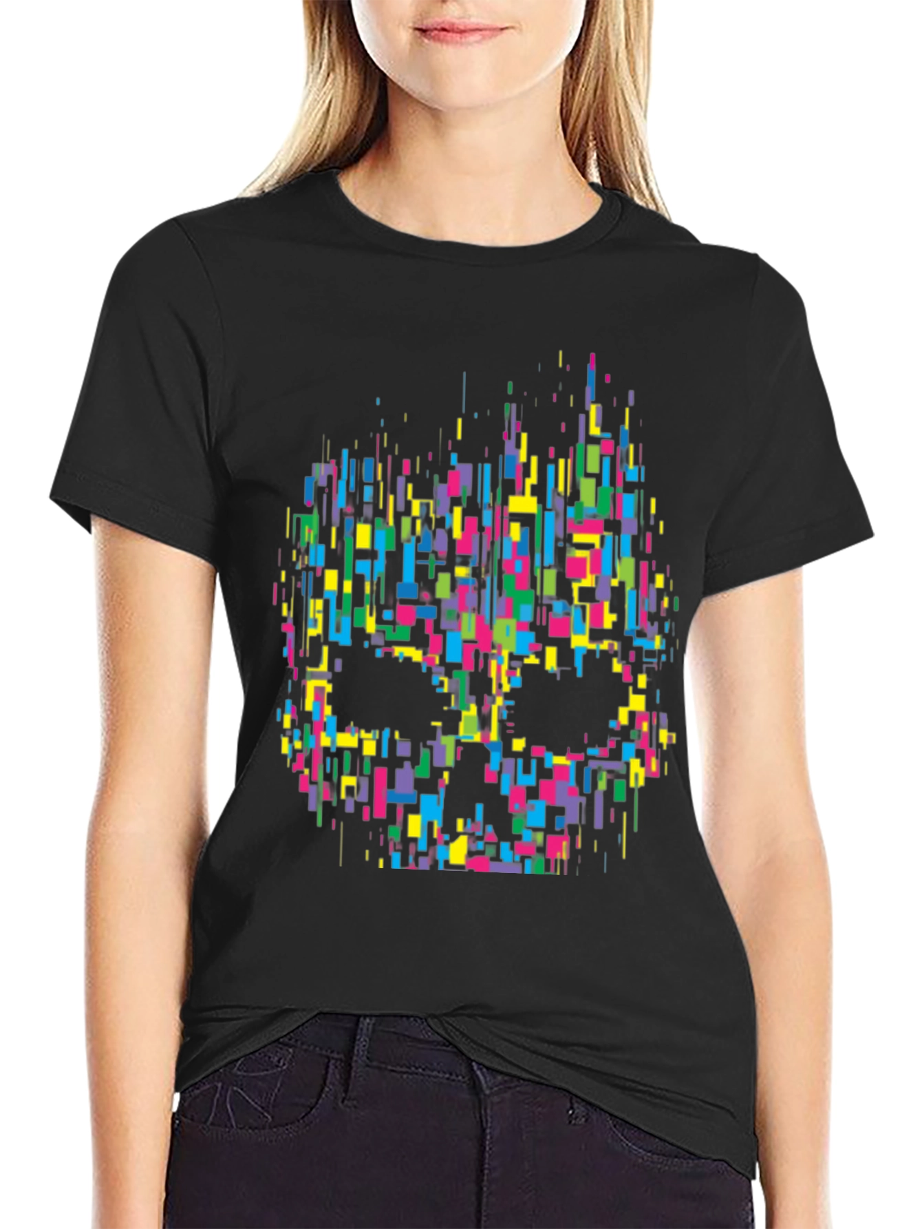 Pixelated Skull Graphic Tee - Black